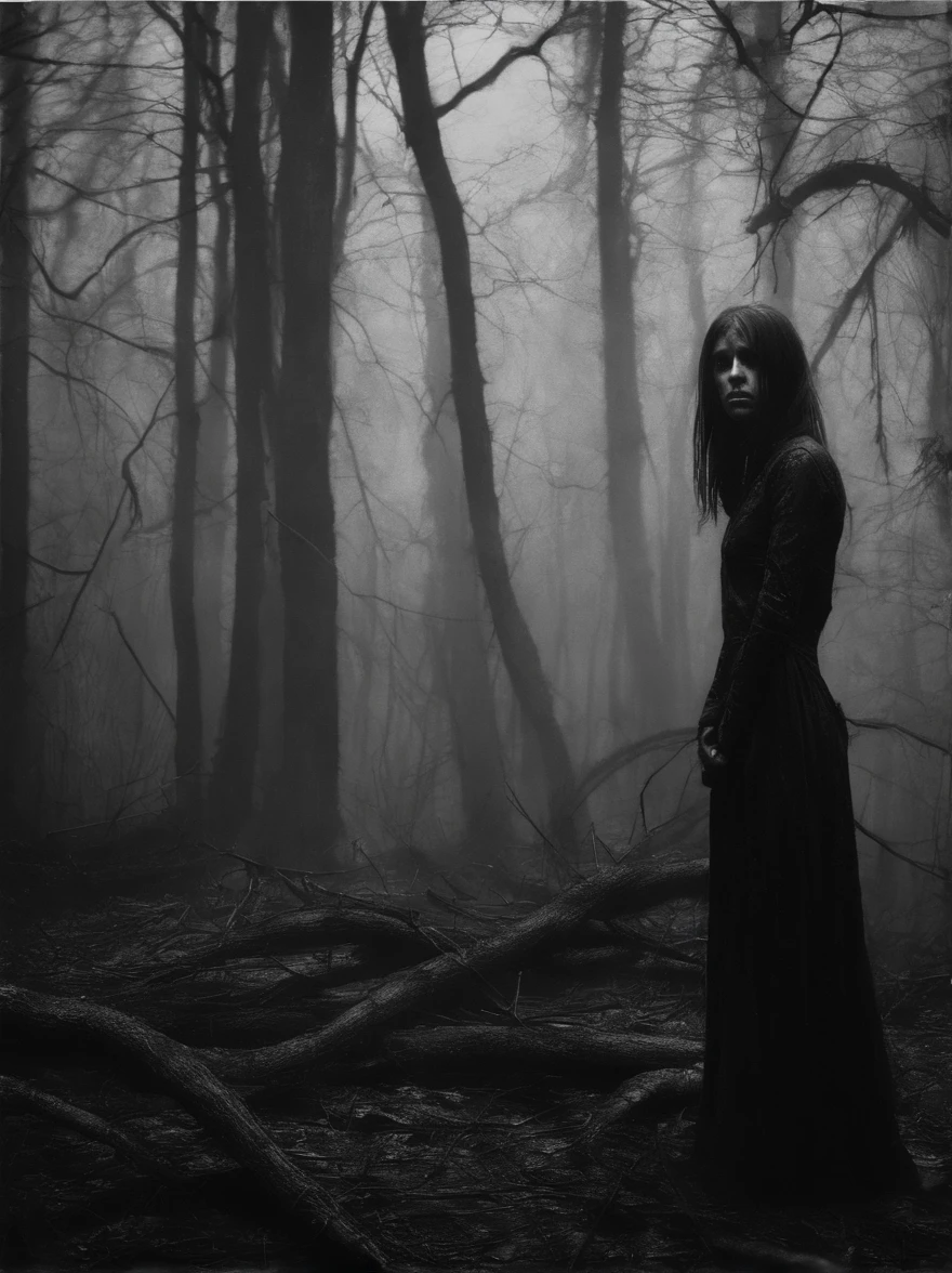 Best resolution, black and white image of a girl standing with her head bowed in sadness and despair in a dark forest. People surround her, reaching out to her, welcoming her warmly, heavy and desolate atmosphere, abandonment and a sense of loneliness.'' The girl's expression shows loneliness and sadness, conveying a sense of loss. The surrounding forest is dense and eerie, the trees shrouded in darkness emphasize the girl's loneliness, and the overall atmosphere evokes a sense of melancholy and abandonment.