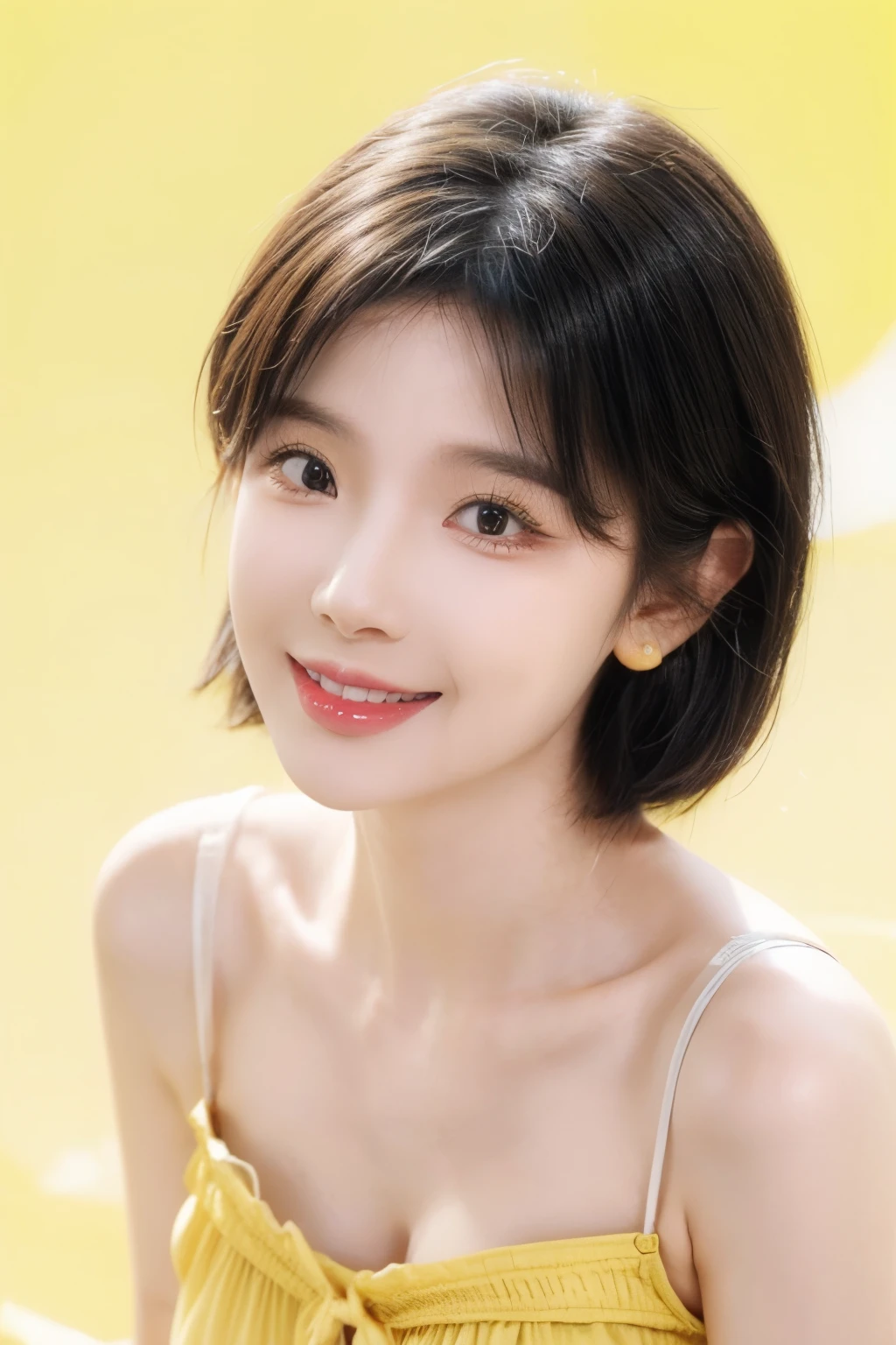 (software:1.8、masterpiece, highest quality),1 girl, alone, have, realistic, realistic, looking at the viewer, light brown eyes, Brunette short bob hair with highly detailed shiny hair, short hair:1.8、Beautiful face in symmetry、spring clothes:1.6, Whity, lips, bangs, outdoor, closed mouth, Upper body、Big eyes、eyelash、((very simple yellow background:1.8))、(((bangsのあるshort hair、Big eyes、big and full chest、look at the audience、beautiful beauty、show me your ears、long neck、smile、please close your mouth and smile)))、ideal body proportions、{Huge|big|huge|mega} chest:2, cleavage:2、happy smile、beautiful teeth、