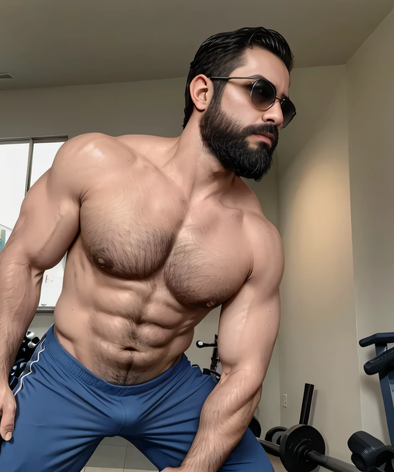Parte superior del cuerpo, 38 year old man with beard and sunglasses. Hombre vistiendo, Entrenando pierna en el gimnasio , muy hermoso. Super polished and cool, plano medio de un guapo.