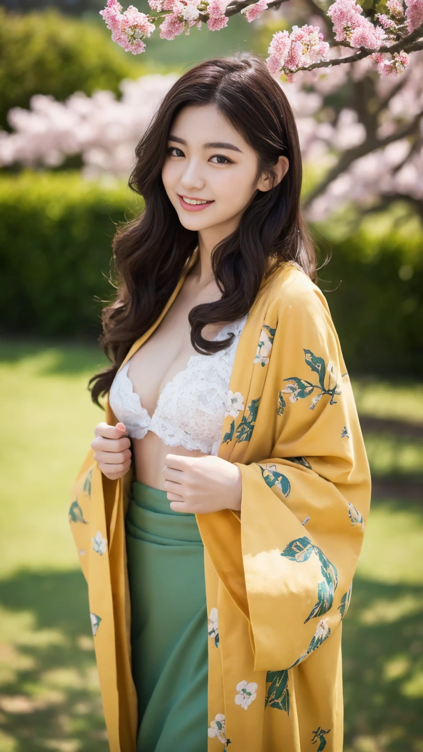 Cherry tree、Colorful kimono、open chest、I'm not wearing anything inside、full body shot、NiziUAYAKA、 4K、1people's women、slender、 Loose wavy styling 、seductive and attractive、Including face and skin texture.,detailed eyes、A soothing expression with a smile