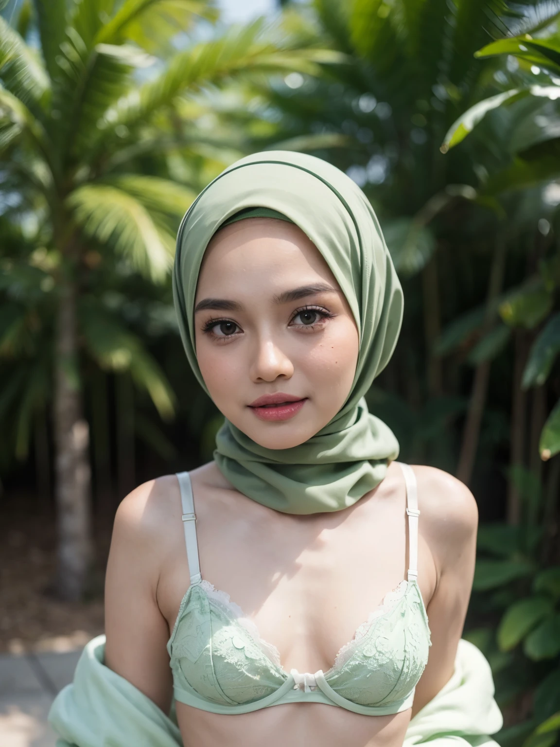 (Wearing Bra Lingerie), (((HIJAB MALAY GIRL))), masutepiece, High quality, UHD 32K, Realistic face, Realistic skin feeling , A Malay Lady, , , Very cute and baby-like face, (((FLAT CHEST))), (MATRIX WORLD), ((look In front at the camera and SADNESS)), ((())), (((CUTE GIRL))), ((LIGHT GREEN CREAMY LIPS)), ((LIGHT GREEN CREAMY)), (undress). WEAR BRA LINGERIE, distorted berot in the barracuda beam, local fruits