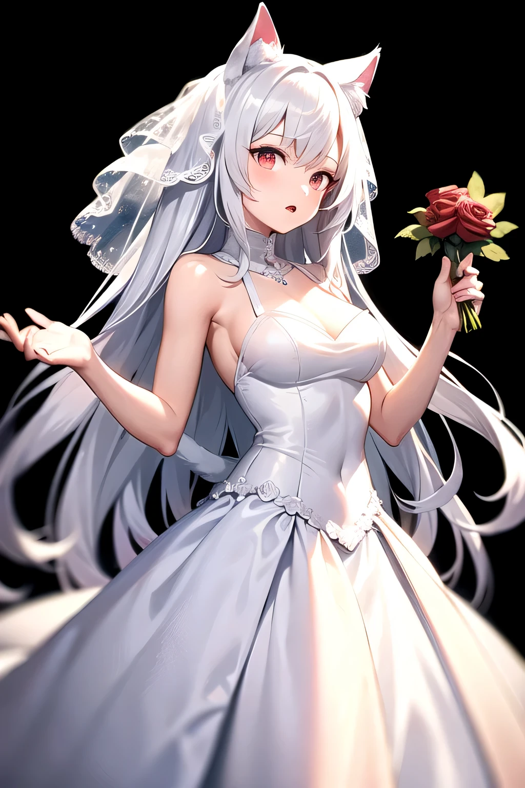 White hair, long hair, cat ears, red eyes, wedding dress, holding a rose, white background, single