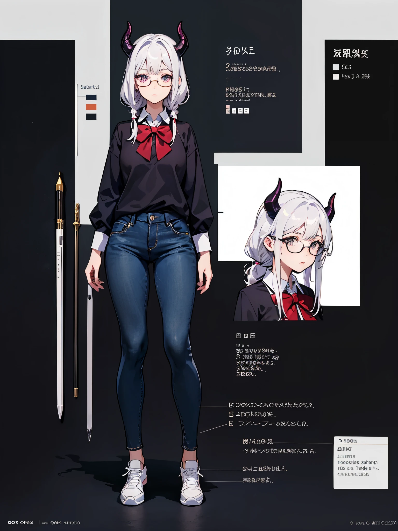 (Masterpiece, best quality), detailed, character sheet, many items (the same person, blouse, jeans pants, lowered blouse, student, academy uniform, glasses, reading glasses, white sneakers, many parts), demon, tiny body, narrow hips, demon girl, detailed beautiful purple eyes, detailed face, white hair and white skin, braided ponytail, demon horns, full of details.