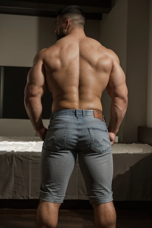 Full body photography man shorts with cinematic light of heavyweight bodybuilder 110kg full muscle, Bigote grueso y trozo chino barbudo, hombre muy guapo., parte superior del cuerpo sin camisa,perfect body ratio, huge and bulging erotic pectoral, hipermusculoso nalgon, realista, backside gray jeans, empinado, bent over manly