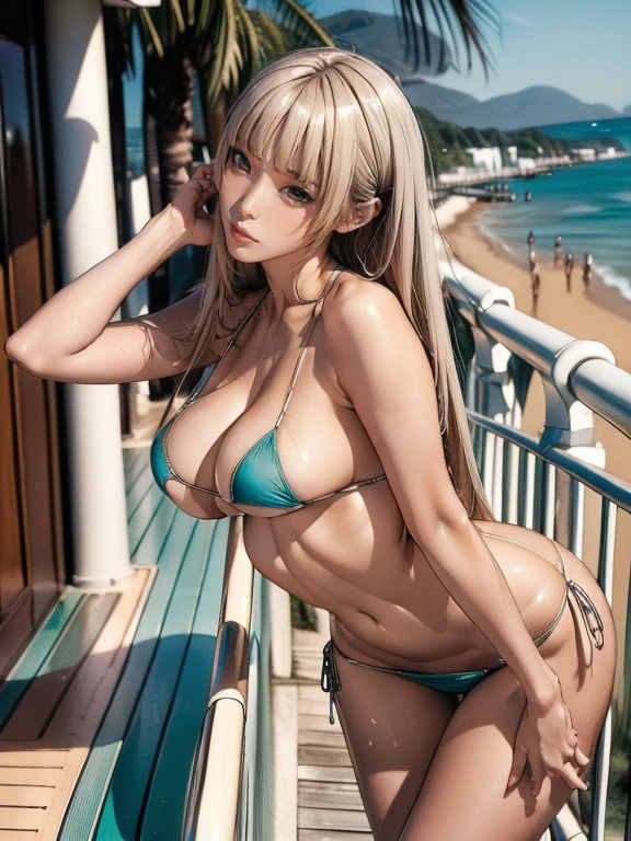 (from side:1.3),(looking at viewer:1.5),( Looking at the camera:1.4),(eyes focus:1.4),(ultra beautiful detailed eyes:1.5),1girl,(ultra detailed skin),curvy,(ideal ratio body proportions:1.5),beautiful ???????,(?????????????),pale skin,pointy ???????,????? ???????,( Perfect body skinny beauty: 1.4), (Slim abs: 1.2)(fantasy art,Highest image quality,Hyperrealist portrait,(8k),ultra-realistic,best quality, high quality, high definition, high quality texture,high detail,beautiful detailed,fine detailed,extremely detailed cg,detailed texture,a realistic representation of the face,masterpiece,Sense of presence,Dynamic,bold),(ultra thin hair),(ultra soft hair),(ultra straight hair:1.5),Swept long bangs,extra light coppery silver hair,hair over one eye,clothed,(loose ??????:1.4),(gravure pose:1.5),(open mouth:1.1),(tan:1.4),(sea side terrace :1.5),