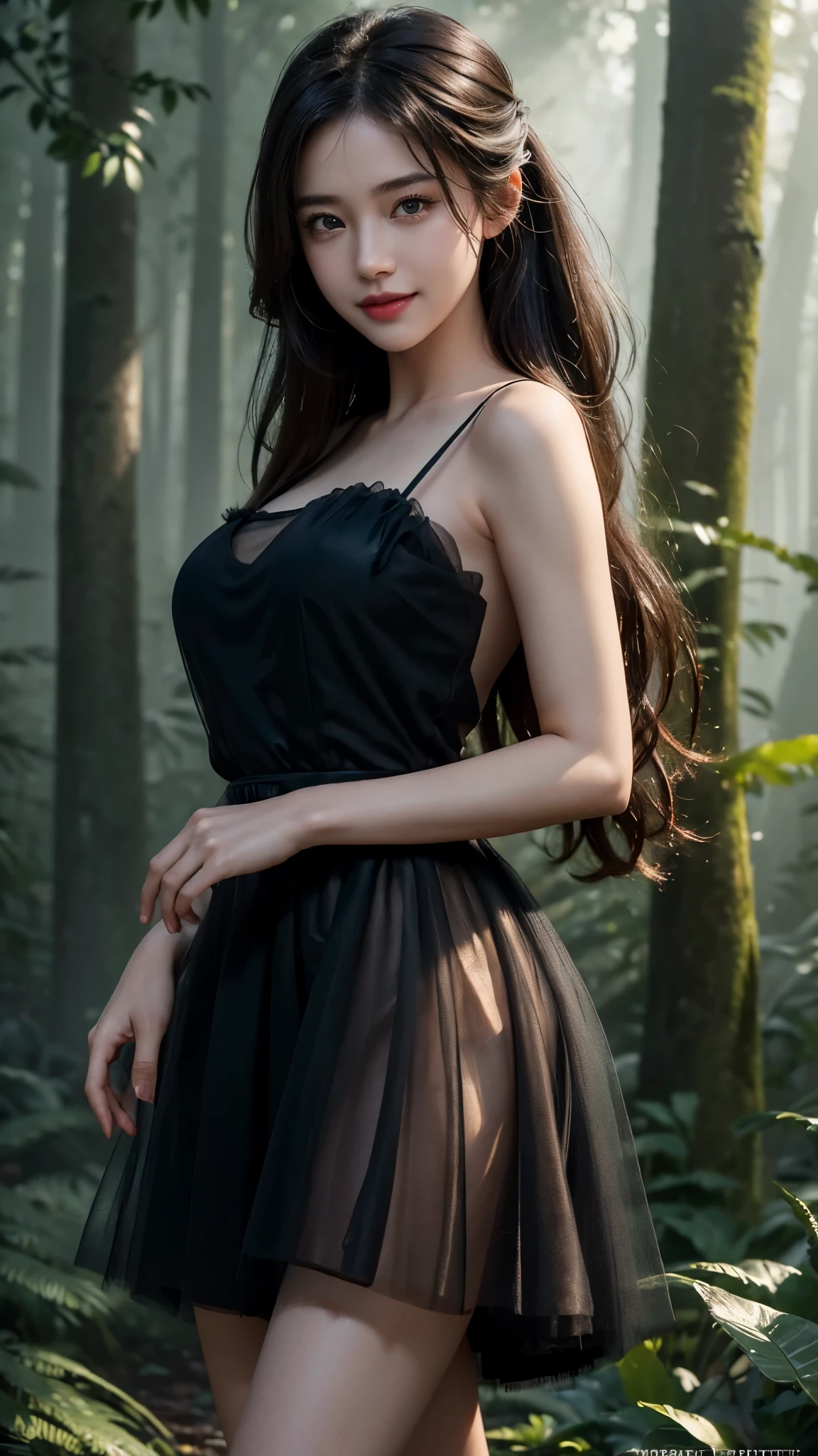 (Masterpiece:1.4), CG Unity 8k walpaper, ((Realistic: 1.2)), Ray Tracing, 64k, Beautiful 22 years girl, Asian realistic girl, Ultra Realistic, ultra HD, 1 girl, black hair, long hair, ponytail, standing, abandoned in a forest, Green Plants, Rain forest, soft lighting, Morning light, foggy morning, realistic, SMOOTH FACE, full body shot, (( Red Sweetheart High Low Tulle Homecoming Dress)), perfect eyes, Beautiful smile, ((smile: 1.2)), Stylish look, sexy angles, realistic Skin, Perfect young body, Young figure , detailed background, Detailed skin, ((detailed dress)), Long Black hair, cinematic lighting, ((cinematic Photography)), ((High resolution Dress Quality)), High resolution picture quality, beautiful knees, Smooth thighs