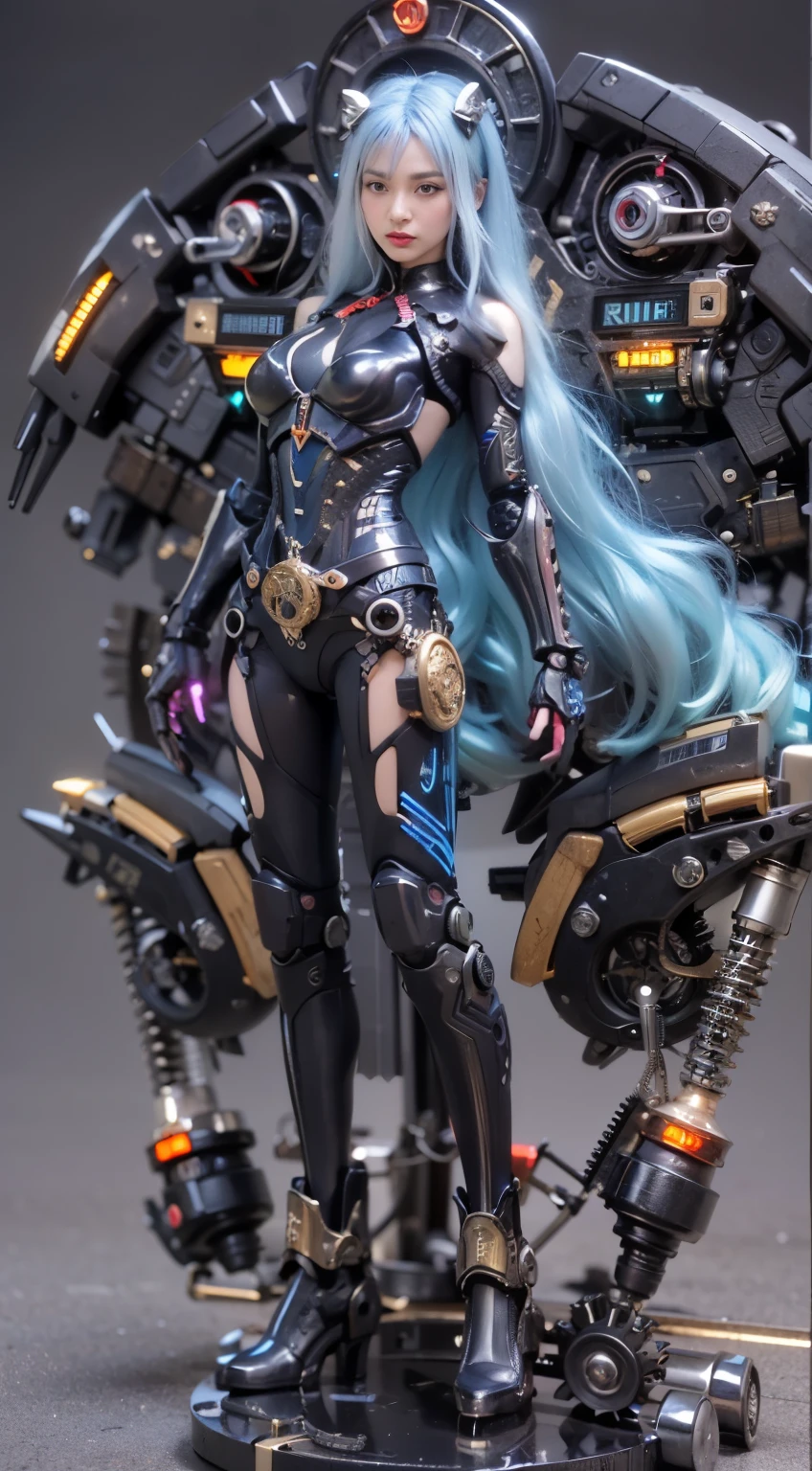 (top-quality:1.2, masterpiece)、ultra high resolution、extremely ultra surrealism, (Photorealsitic:1.4)、Raw photo、(Steampunk Battle Cyborg fallen angel)、large wings made of metal、black porcelain body、red  hair、glowy skin、1 Cyborg girl、(mechanical frame:1.3)japanese, extremely cute face,  ((super realistic details))、portrait、globalillumination、Shadow、octan render、8K、ultrasharp、character edge light、Details of complex ornaments、Acrylic Clear Cover、Sumerian details、Hydraulic cylinder、Small LED lamp、highly intricate detail、Realistic light、a purple eye、radiant eyes、Facing the camera、neon details、cowboy  shot、Futuristic headgear、About Cyberpunk
