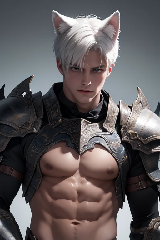 4k, high resolution, best quality, Masterpiece, perfect color, เฉดperfect color, perfect light, Posted by e621, ((Portrait)), ((handsome man)), perfect male figure, short hair details，chest muscles，abdominal muscles，naked body，detailed face, perfect face, (stand up), Detailed background, ((Bonifasco Lighting)), (delicate eyes),((armor)),((animal ears)),white hair