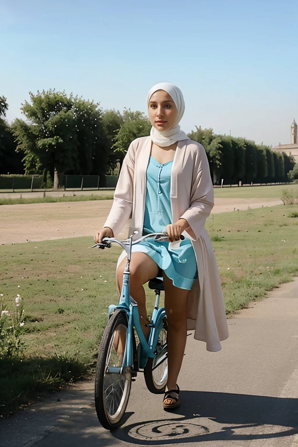 Femme, hijab, roule a velo, robe qui se souleve , laisse voir sa culotte