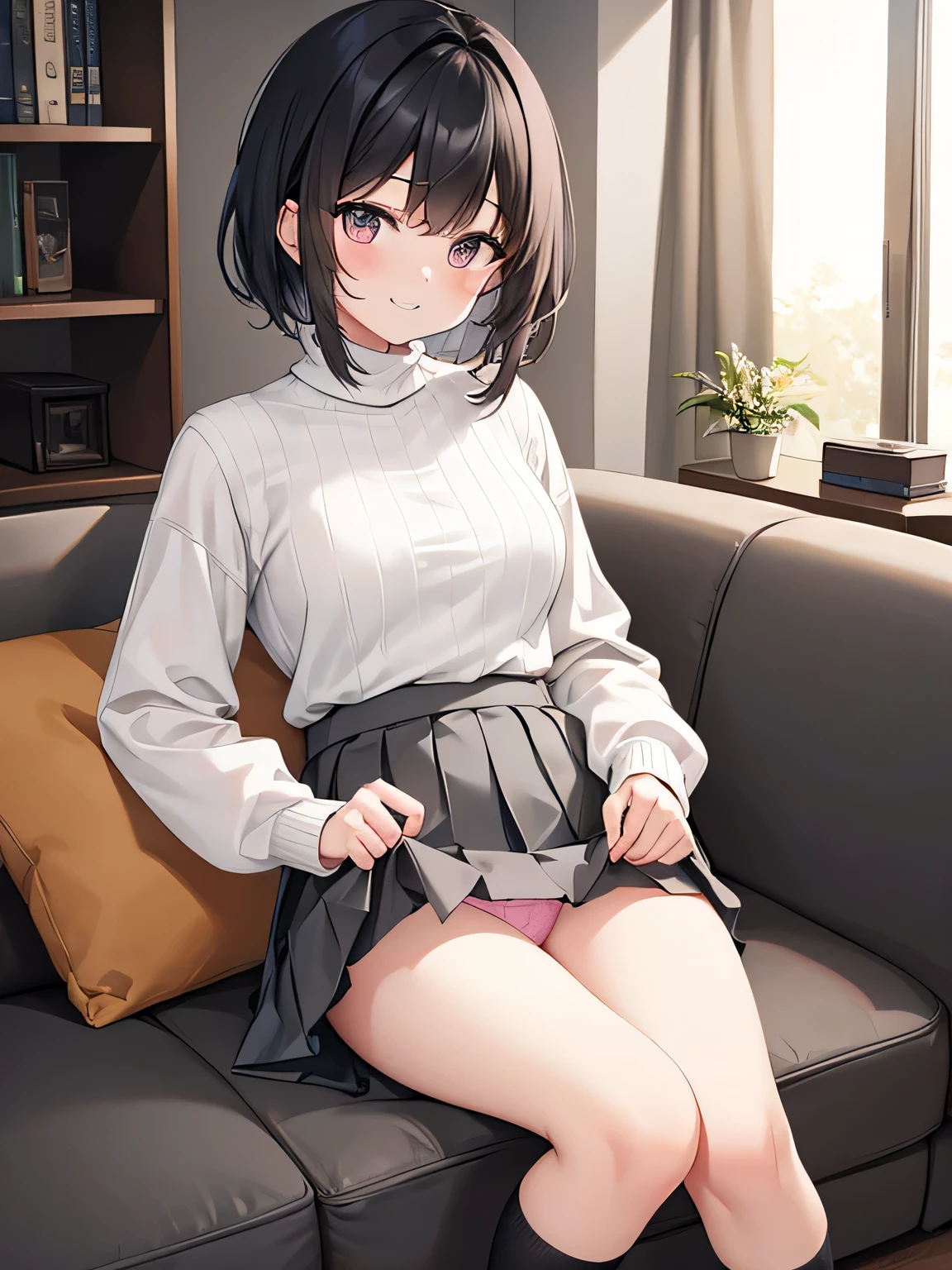 (masterpiece、highest quality、High resolution、realistic pictures、real looking skin:1.1)、
(A woman is sitting on a sofa with her legs closed:1.9)、
(A woman's body is mine々Since she is facing directly ahead, her panties are visible.:1.8)、
(glimpse of panties:1.8)、
(she has a grin on her face:1.5)、
(She is wearing a beige short-sleeved turtleneck.:1.8)、
(She is wearing a grey pleated mini skirt.:1.8)、
(She is wearing black high socks:1.8)、
(Her hairstyle is short black hair:1.5)、
(The panties are pink and patterned.:1.5)、
(Location: Living room of an apartment:1.5)、
1 Japanese girl、solo、full body esbian、beautiful eyes、shining eyes、Shining thighs、NSFW