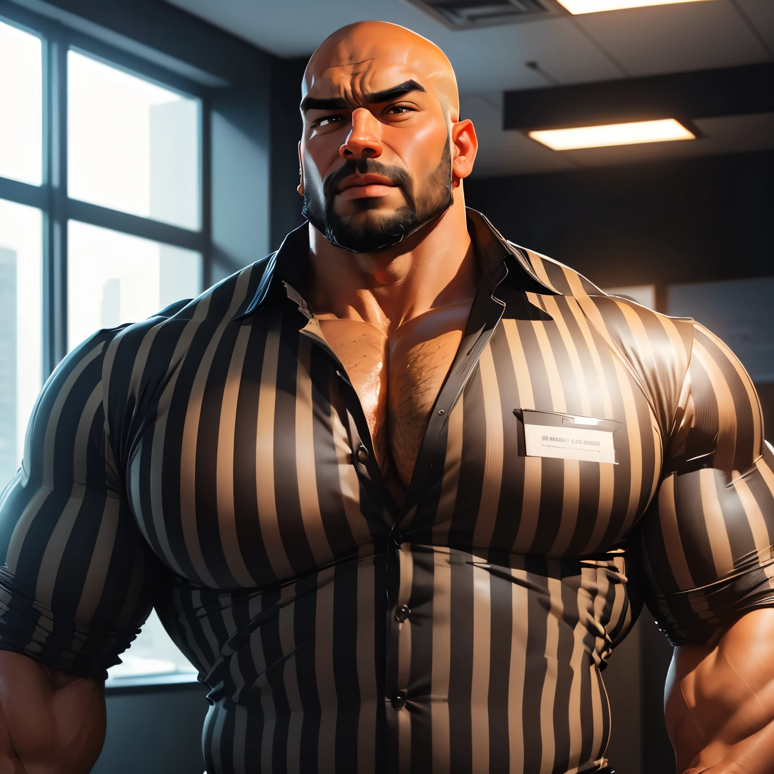 an exaggeratedly muscular and large bald bodyguard, beefy build, beard, mixed race, tan skin, (wearing striped black business casual shirt: 1.2), name tag, (bara pecs: 1.3), (arm and chest hair: 1.1), close-up portrait HD, bright corporate office with large windows