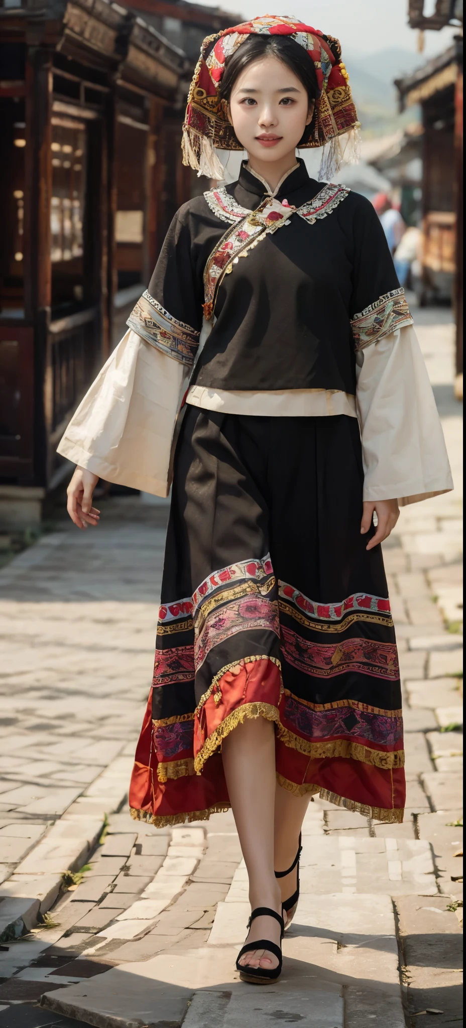 a girl，Wearing the traditional costumes of the Zhuang people，Walking towards the camera，The background is terraces，daytime，pond，Hazy mountains，Looking up，The front of the face faces the audience