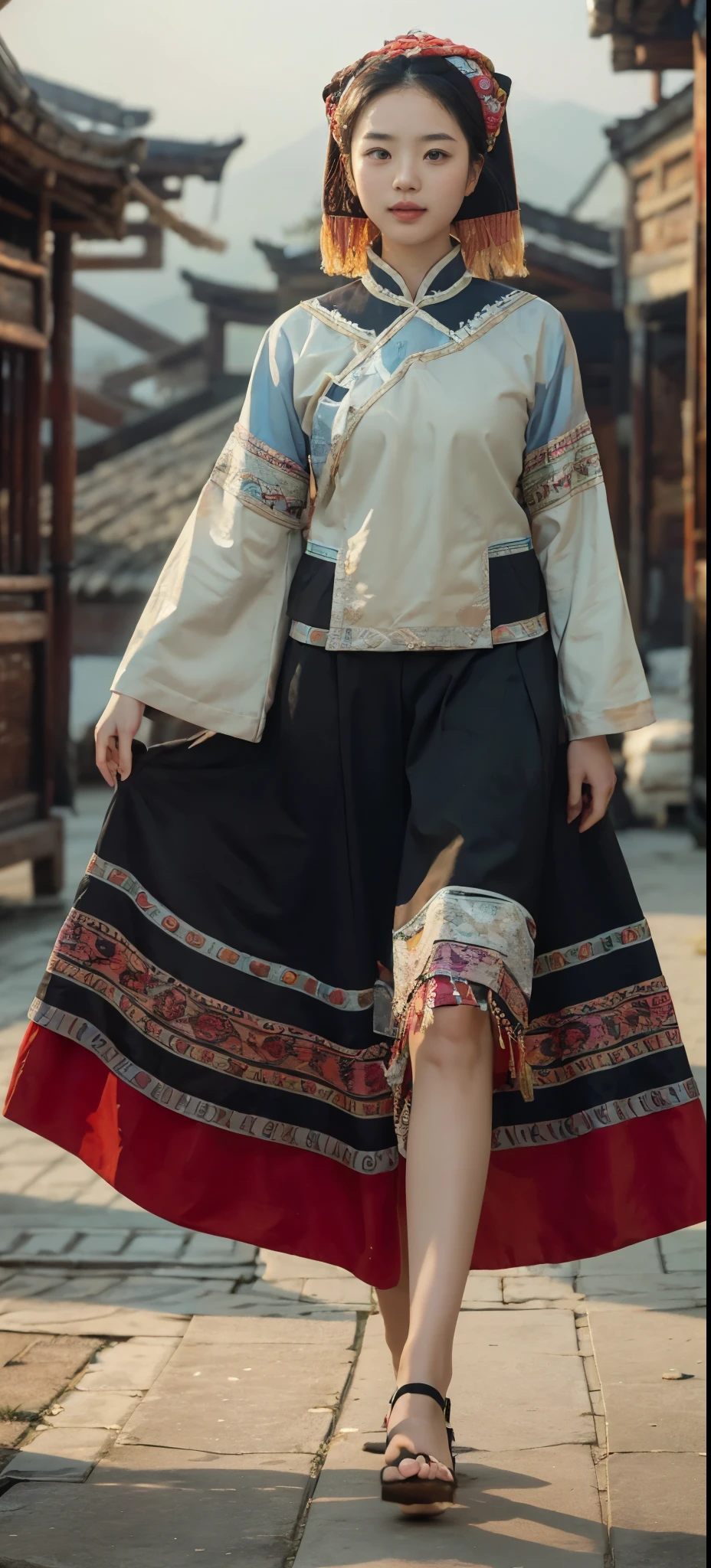 a girl，Wearing the traditional costumes of the Zhuang people，Walking towards the camera，The background is terraces，daytime，pond，Hazy mountains，Looking up，The front of the face faces the audience