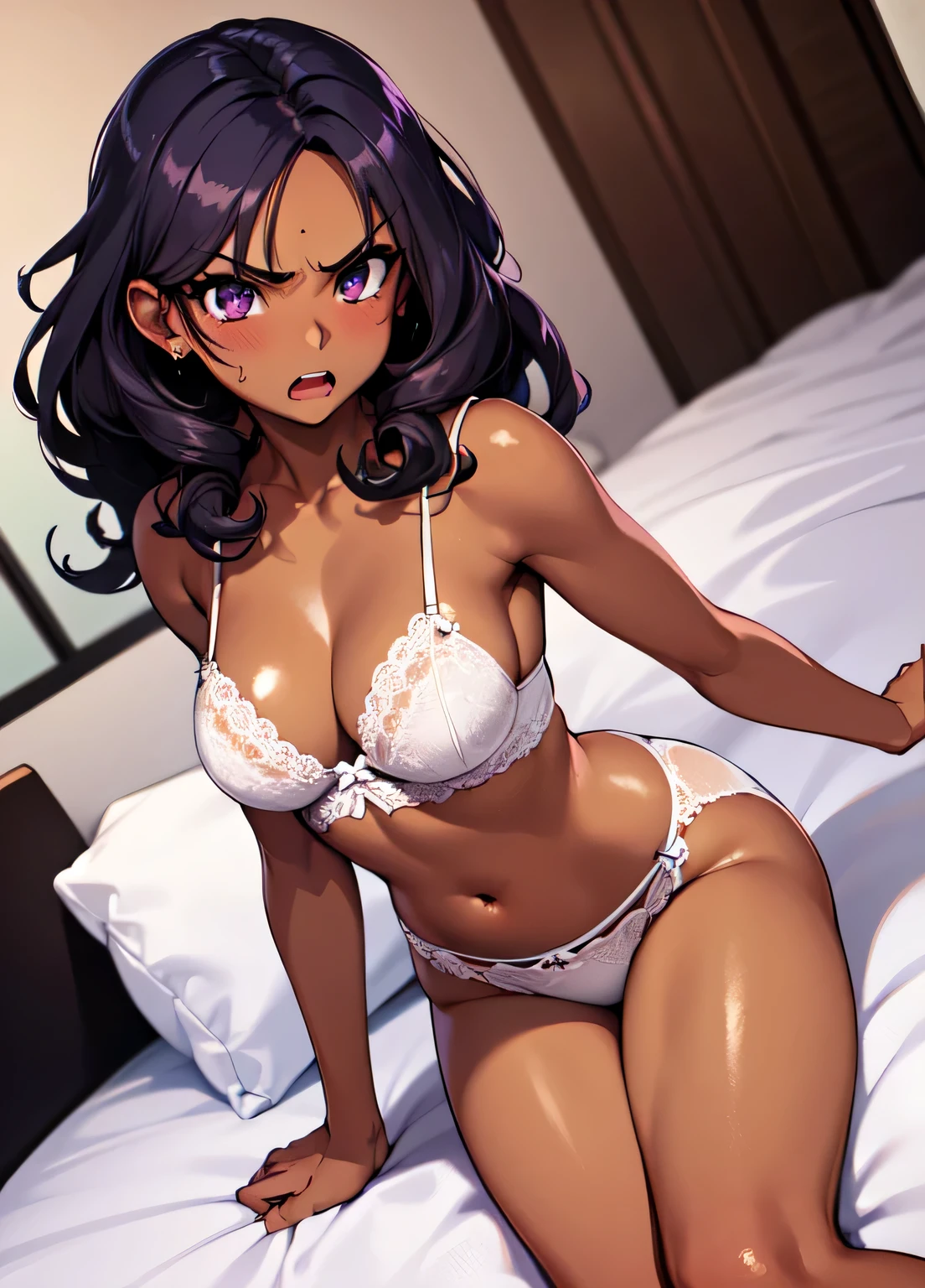 ((best quality)), ((highly detailed)), masterpiece, detailed face, beautiful face, (detailed eyes, purple eyes), (1girl), dynamic pose, (((wide shot))), ((dark skin, dark-skinned female, ebony)):1.2, black hair, dreadlocks, (very curly hair), medium hair, (indoors, in bedroom) (African hair) ((wearing white lingerie)) ((laying on a bed)) ((cutely angry and yelling)) (smooth shiny skin) (realistic anime)