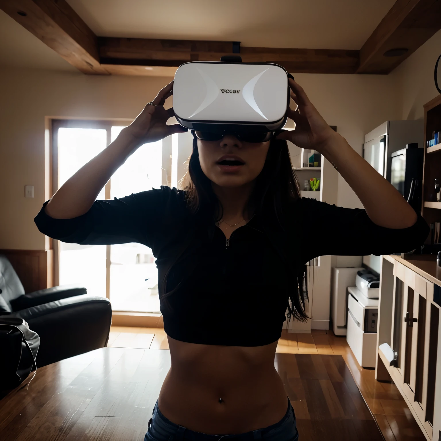ultrarealistic full body portrait of a 20 years old streamlined young woman, relaxed, imaginative, nude, virtual reality, neuro-linked headband, fascinating, , ultra detailed, hyperrealism, Stateless, cleavage, deep light blue eyes,