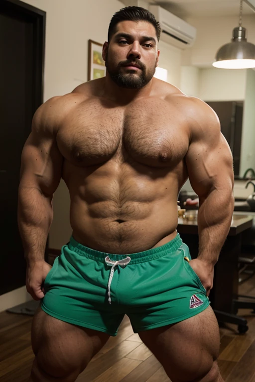 Full body photography man shorts with cinematic light of heavyweight bodybuilder 110kg full muscle, Bigote grueso y trozo chino barbudo, hombre muy guapo., parte superior del cuerpo sin camisa,perfect body ratio, huge and bulging erotic pectoral,short amarillo, hipermusculoso, realista, backside, nalgas definidas