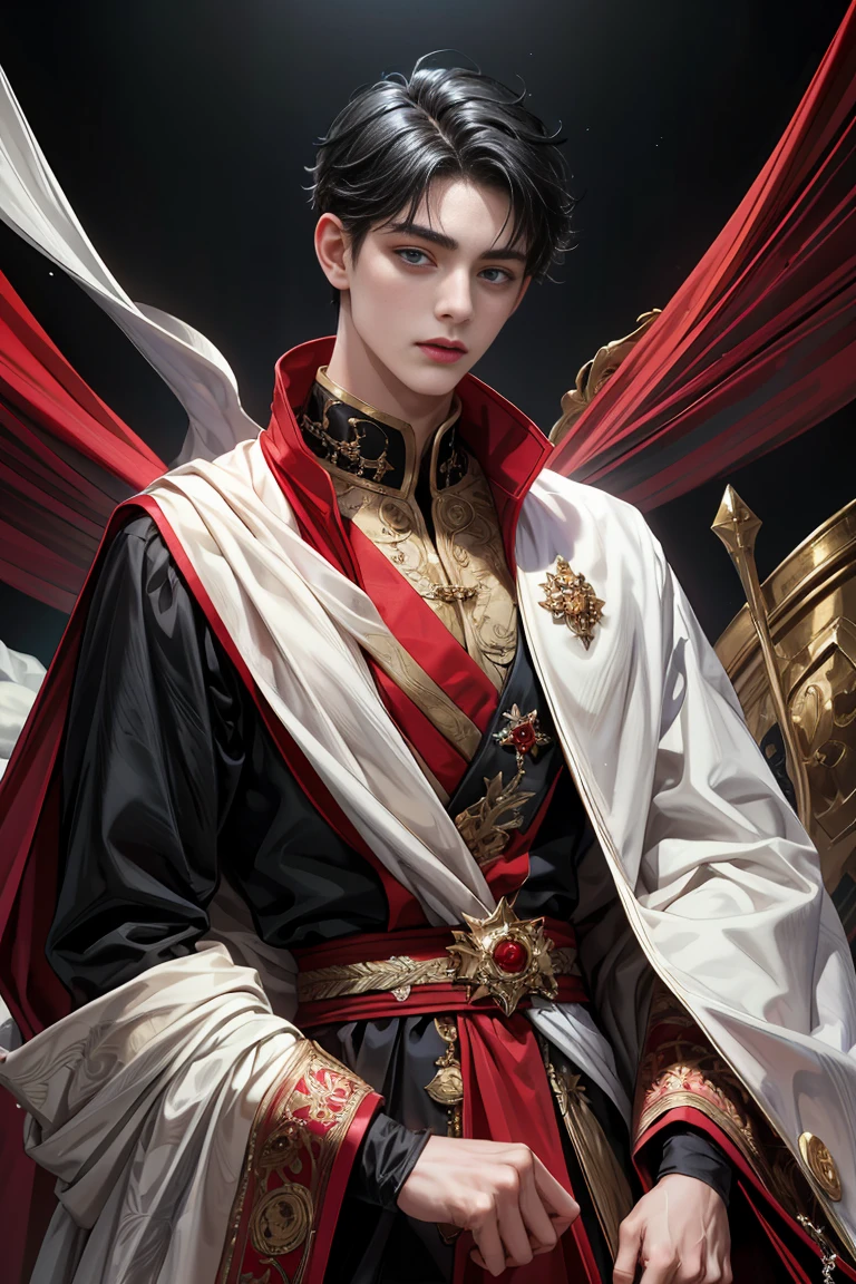 masterpiece, 最high quality, high quality, 1 boy, alone, male focus, looking at the viewer, whole body, Winning spirit_destiny, Messy black hair, blue adorable big eyes, white people, Noble, Noble, Angel、A very big, very big, very big, very long, long red and black cape made with a lot of fabric that reaches all the way down to the floor, 17 years old,cute beautiful boy,cute cute handsome boy
