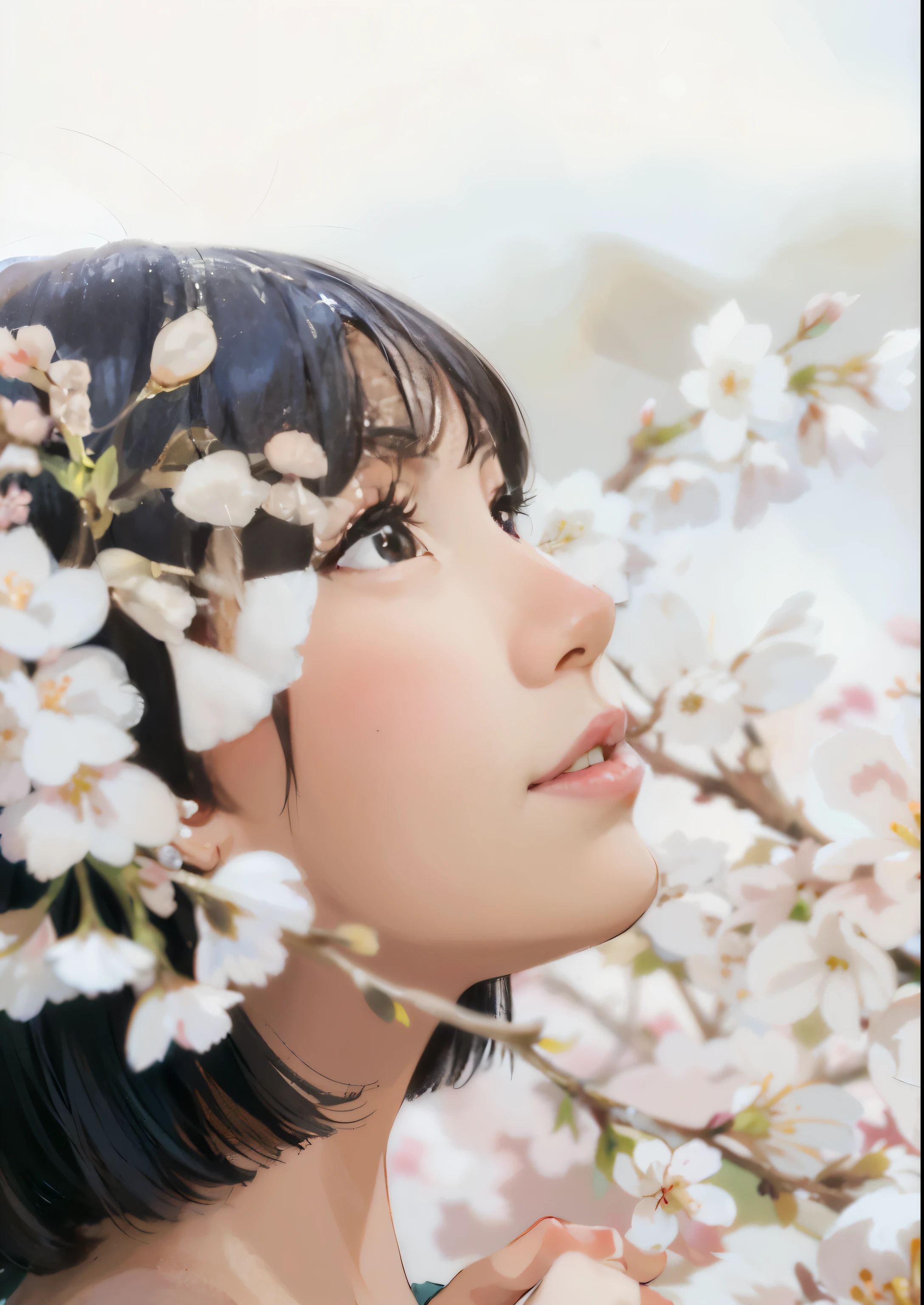 A woman with flowers in her hair is looking up, beautiful Japanese girls face, sakura bloomimg, portrait of a Japanese teen, There are cherry blossom petals around her, Japanese facial features, Flowers bloom on the heir&#39;s cheeks, sakura season, under the cherry tree, beautiful and delicate face, Another close up of Iwakura, Japanese, cheerful flowers, face of young cute asian man