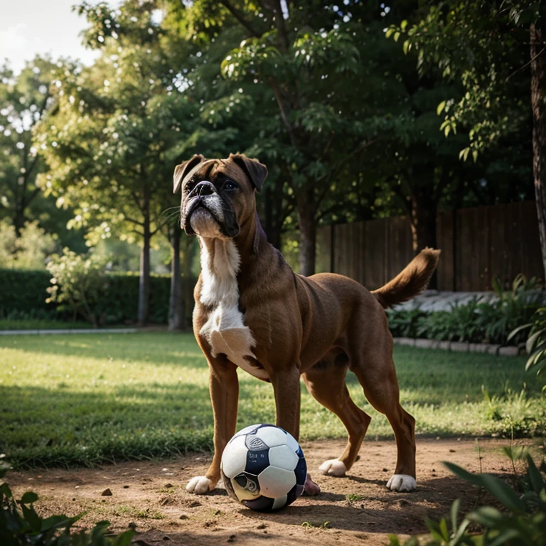illustration of a boxer dog playing with a ball in a clearing