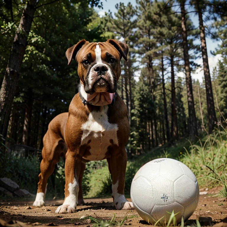 illustration of a boxer dog playing with a ball in a clearing