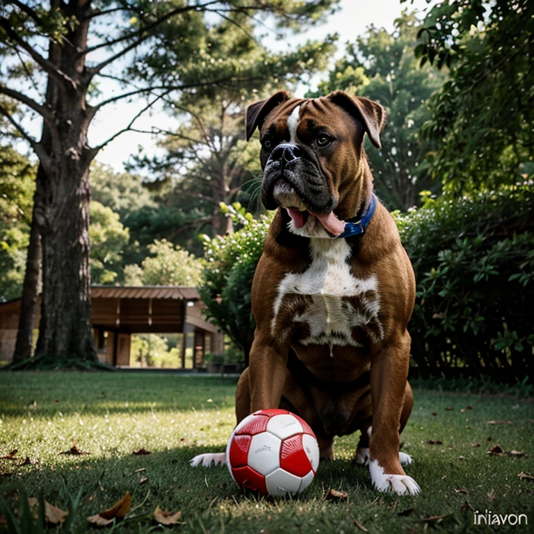 illustration of a boxer dog playing with a ball in a clearing