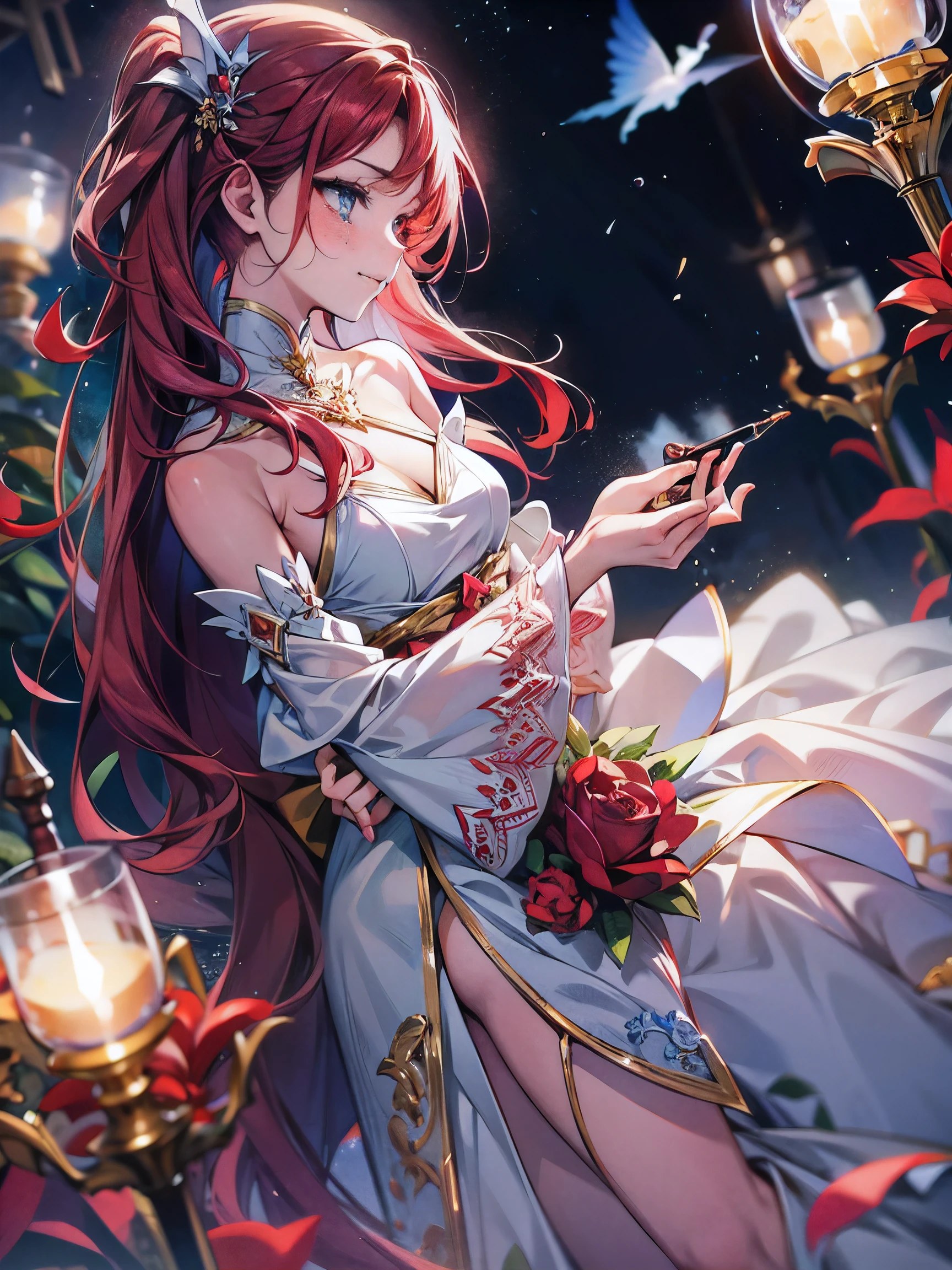 (masterpiece,best quality,ultra-detailed), CG, award winning, ccurate, UHD, textured skin, chromatic aberration, perfect anatomy, Fujicolor, fantasy, ung vampire princess gazing at you at midnight, young sister taste, small breast, slender body, wine red straight hair with honey inner color, sky blue eyes with tears, wearing crimson and white dress, fall in love, "I love you." feeling guilty, full moon, flying fireflys on the stream, secret time