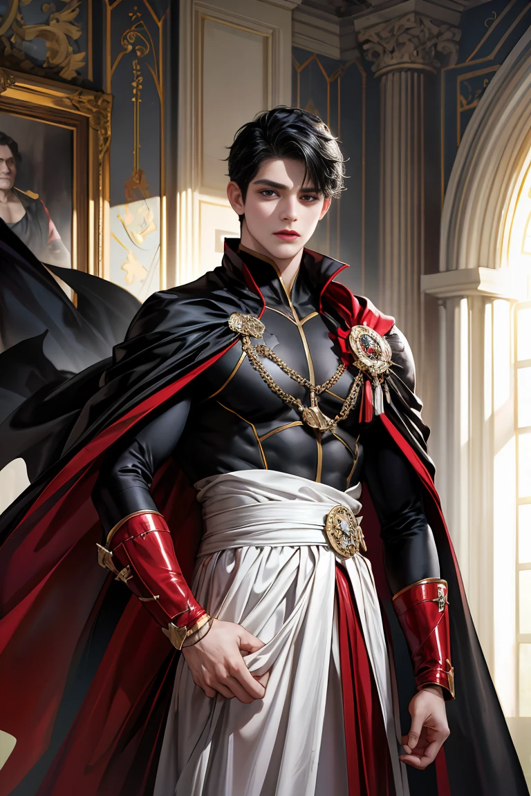 masterpiece, 最high quality, high quality, 1 boy, alone, male focus, looking at the viewer, whole body, Winning spirit_destiny, Messy black hair, blue adorable big eyes, white people, Noble, Noble, batman、A very big, very big, very big, very long, long red and black cape made with a lot of fabric that reaches all the way down to the floor, ,cute beautiful boy,cute cute handsome boy