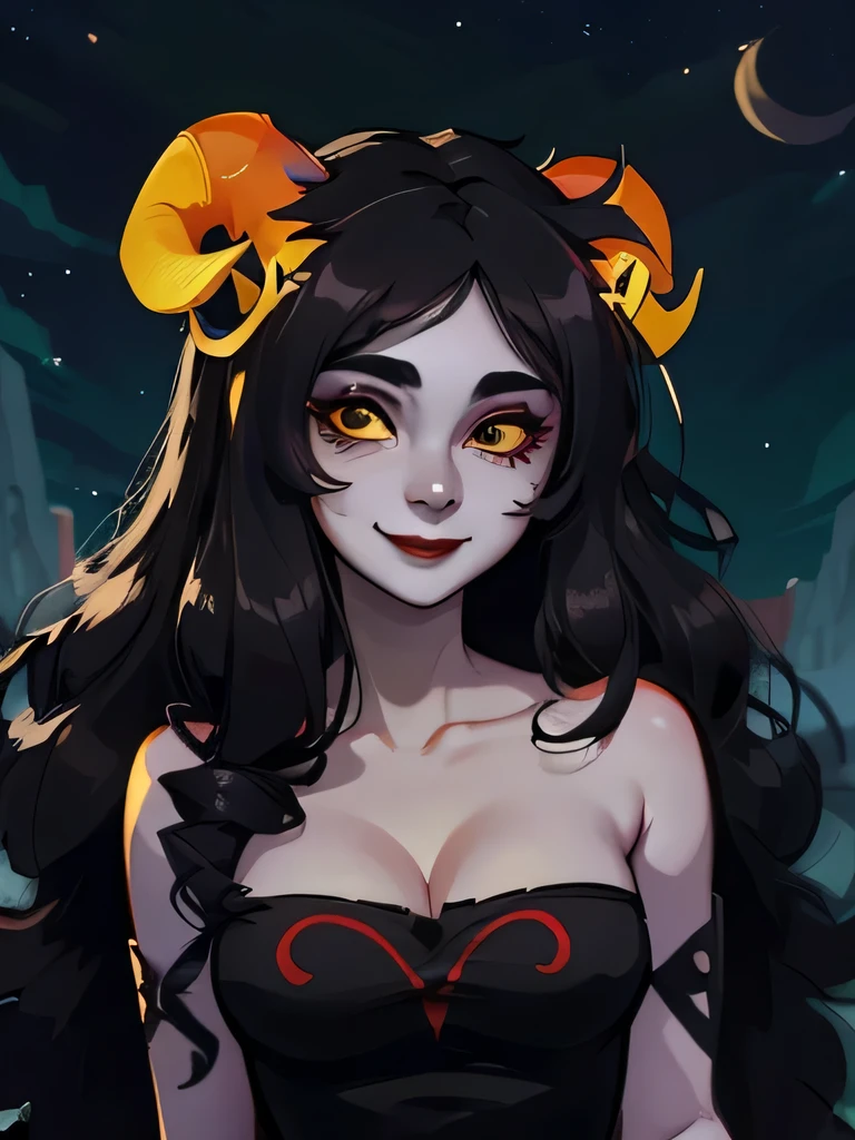 portrait, aradia,  (horns), gray skin, very long hair, [[simple background]], big chest, cleavage, bare shoulders, tube top, saucy smile, (black lipstick), eyeliner, mature, ((dark eyes)), (yellow sclera), detailed eyes, goth, (looking at viewer:0.9), night sky