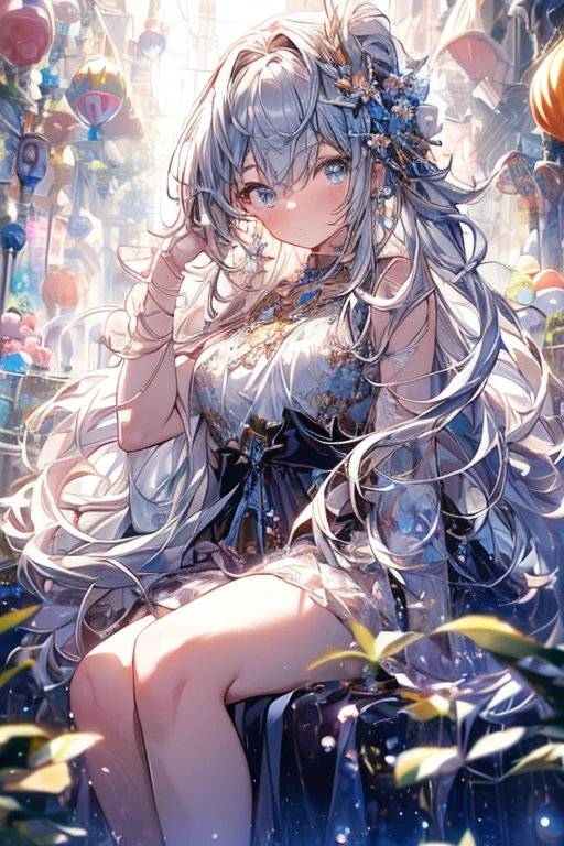 (masterpiece), (best quality), (1 girl)), amazing, beautiful detail eyes, fine details, depth of field, original, (best quality), (super detailed), (best illustration), (best lighting, best shadow), (very delicate and beautiful)), very detailed wallpaper, dream background, from front, landscape, young girl, loli, full body, long white hair, ((gray eyes)), beautiful detailed eyes, medium breasts, (((cobalt long skirt)), fluffy long sleeves, hair accessories, necklace, summer, light, light makeup, outdoor, wind blowing, floating, giggling, wet, halo, magic circle, on the cabinet