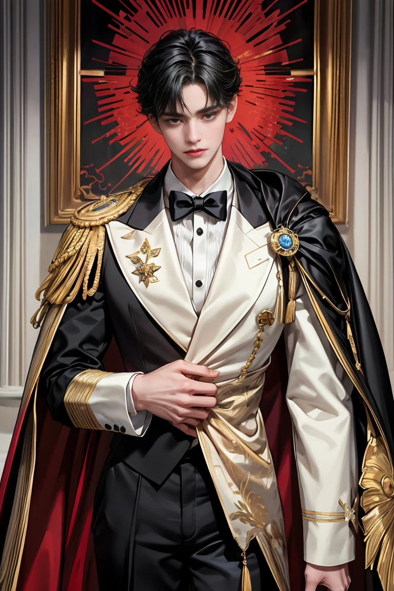 masterpiece, 最high quality, high quality, 1 boy, alone, male focus, looking at the viewer, whole body, Winning spirit_destiny, Messy black hair, blue adorable big eyes, white people, Noble, Noble, Noble的な吸血鬼、An elegant tuxedo,A very large, very tall stand-up collar, a very large, very long, long cape that reaches down to the floor, made of a lot of fabric, red and black., 17 years old,cute beautiful boy,cute cute handsome boy