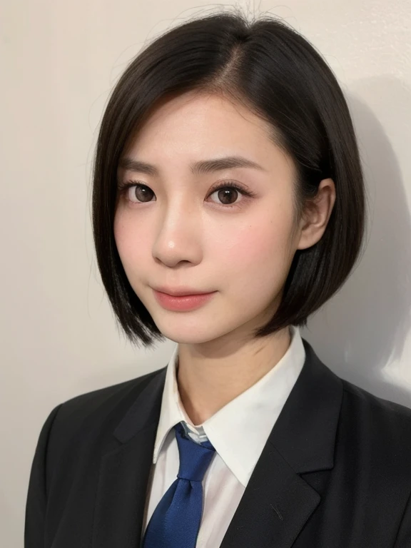 (kawaii 24 year-old Japanese girl, Nogizaka idol, Korean idol), healthy female athlete body, (glossy black hair, messy very short hair, messy pixie cut, symmetric and even length hair:1.3), (forehead), (rounded face, black eyes, single eyelid, no makeup, serious expression:1.2), (wearing suit jacket, collared shirt, necktie:1.3), (flat chest, extra small breasts), (looking at viewer:1.2), BREAK, (plain white wall background:1.3), (portrait, id photo, yearbook, view from straight forward:1.3), face focus, BREAK, (masterpiece, best quality, photo realistic, official art:1.4), (UHD, 8K quality wallpaper, high resolution, raw photo, golden ratio:1.2), (shiny skin), professional lighting, physically based rendering, award winning, (perfect anatomy, highly detailed skin, extremely detailed face and eyes), Carl Zeiss 85 mm F/1.4, depth of field, 1girl, solo,