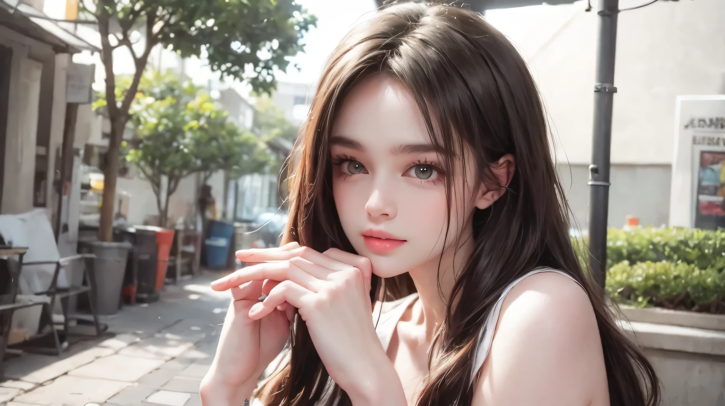 please keep looking at me、bright screen、light brown hair、8K、outdoor、Blue sky、Upper body、Photographed alone、