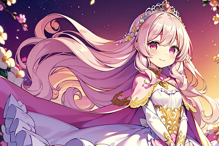 (best quality),(rococo style),(long train pastel pink cape:1.15), very long cape,(long train white ball gown with flower decorations:1.1), a girl is wearing a cape over her gown, 1 little princess, tiara, smile, very long hair, small breasts, looking at viewer