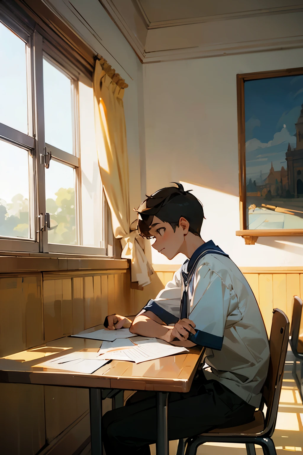 ((Melhor qualidade)), ((obra de arte)), (detalhado), perfect face school scene, sala de aula, boy sitting looking out the window and studying looking outside I want a boy not a
