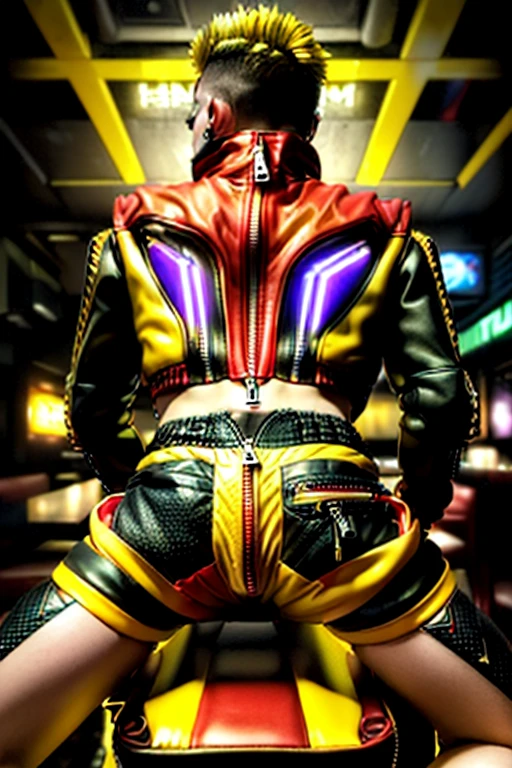 8k, best quality, (photorealistic:1.4), raw photo, 1boy, (red high cut jacket), pose: sitting on a chair in a cyberpunk bar, (yellow shorts with rear zipper:1.3), rear view, latex:1.2, (legs apart), facing camera:1.5, male features:2, (showing off butt:0.6), punk