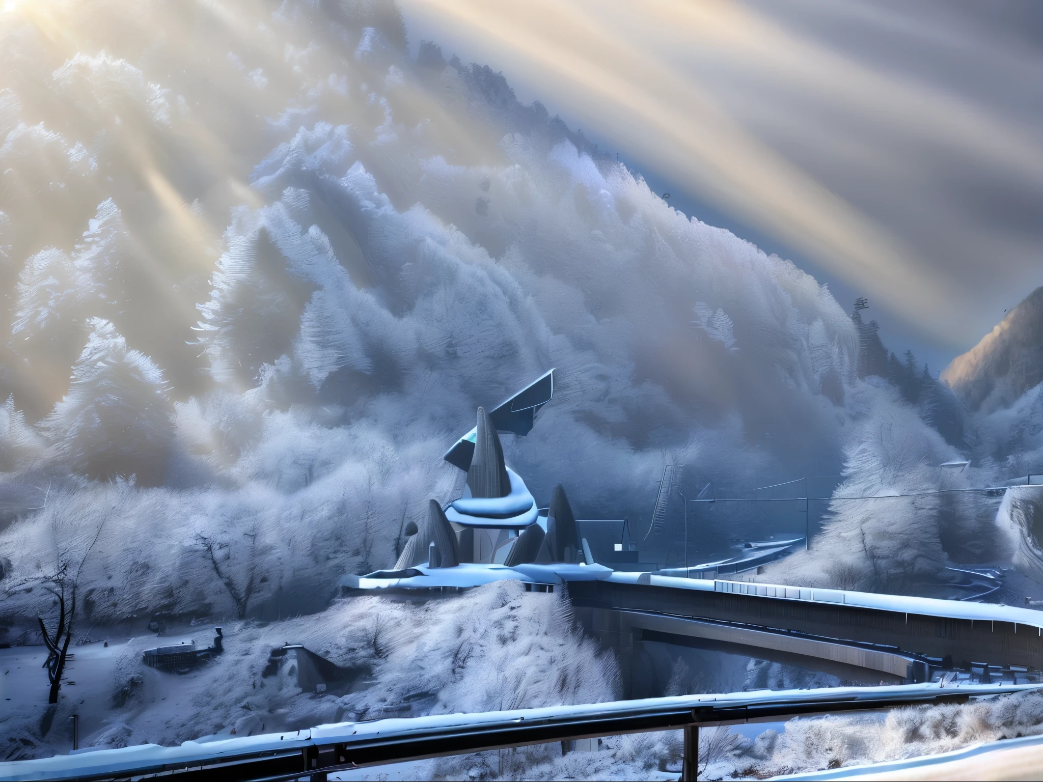 (Realistic : 1.0), Realistic lighting, HD details, Along a highway in Sichuan Province, China，heavy snowfall，daytime，Sunlight，Behind it are snow-capped mountains and snowy forests。There is a long concrete bridge ahead.。This photo is full of realism
