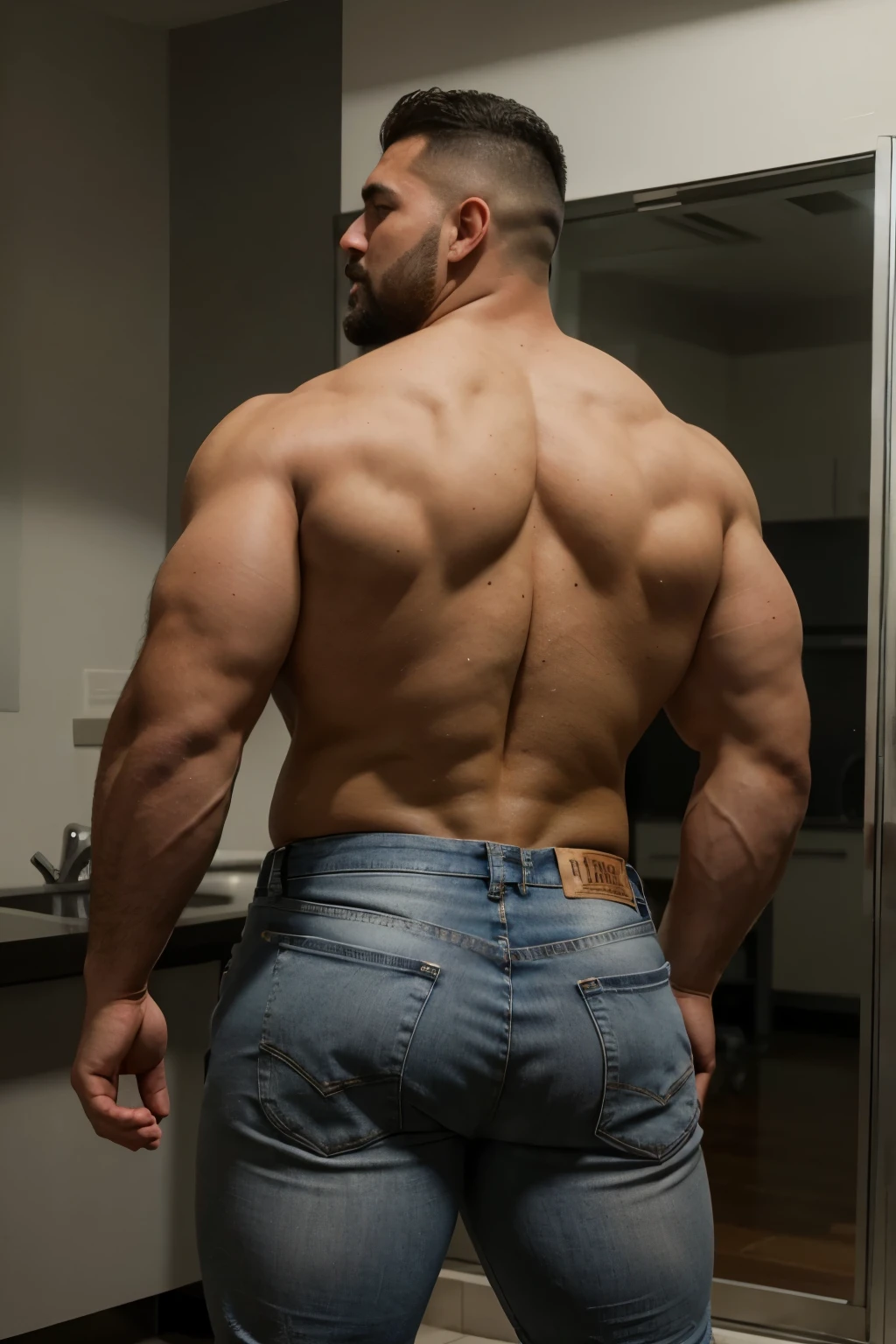 Full body photography man shorts with cinematic light of heavyweight bodybuilder 110kg full muscle, Bigote grueso y trozo chino barbudo, hombre muy guapo., parte superior del cuerpo sin camisa,perfect body ratio, huge and bulging pectoral, hipermusculoso nalgon, realista, backside gray jeans