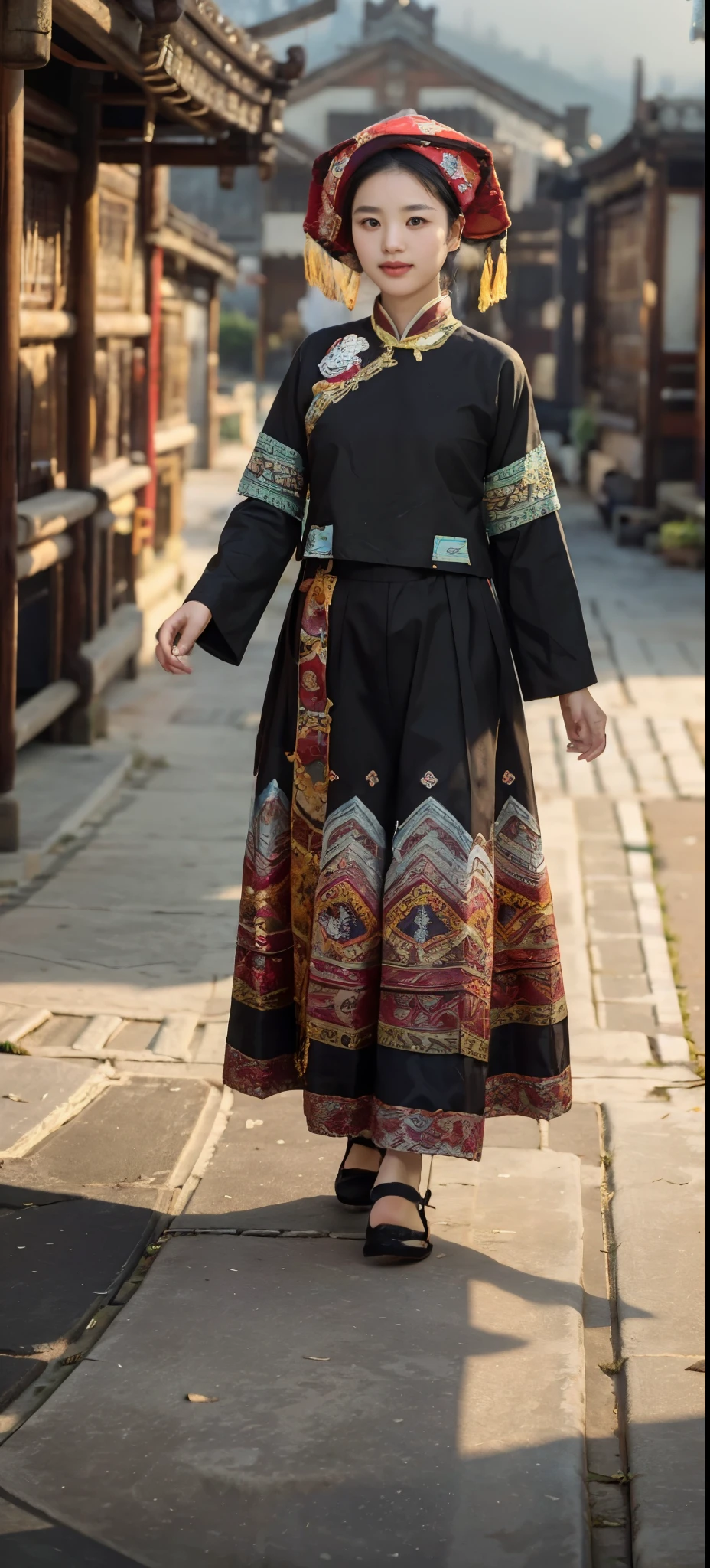 a girl,Wearing the traditional costumes of the Zhuang people,Walking towards the camera,The background is terraces,daytime,pond,Hazy mountains,Looking up,The front of the face faces the audience