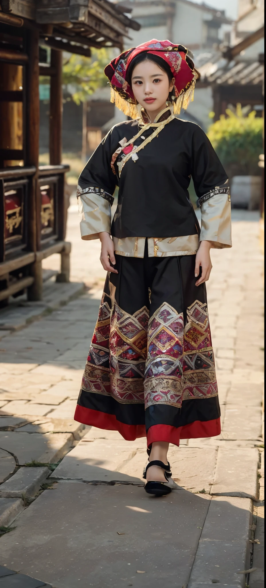 a girl，Wearing the traditional costumes of the Zhuang people，Walking towards the camera，The background is terraces，daytime，pond，Hazy mountains，Looking up，The front of the face faces the audience