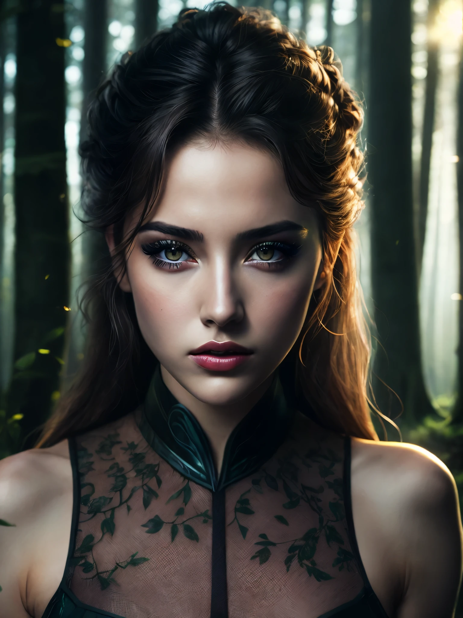 Close-up of a beautiful woman in the forest with heavy makeup, soft volumetric light, (backlight: 1.3), (movie: 1.2), intricate details, (ArtStation: 1.3), Rutkowski