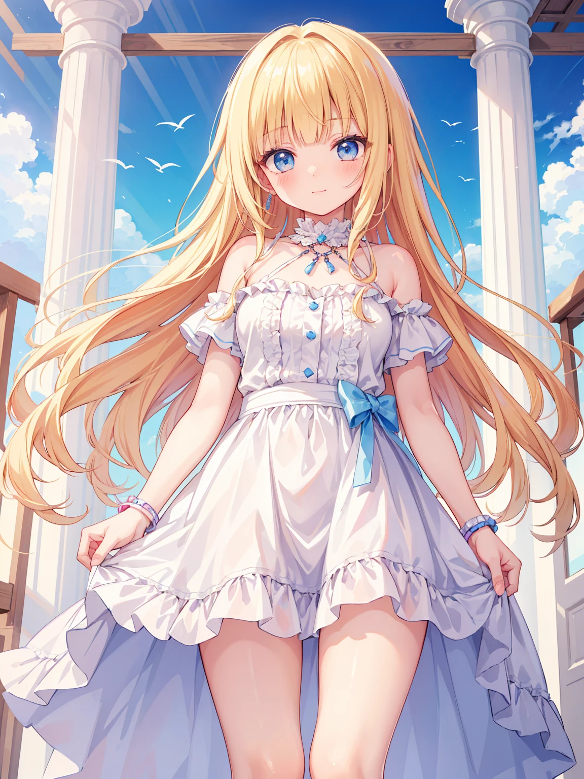 High quality, Ultra detailed, best quality, insanely detailed, masterpiece, beautiful illustrations, highest quality, pretty girl, ((very cute)), ((lovely)), ((sweet body)), 1girl, standing, pastel colour, blonde hair, wavy long hair, (blunt bangs), caucasian, bright lighting, sky-blue eyes, soft smile, looking at viewer