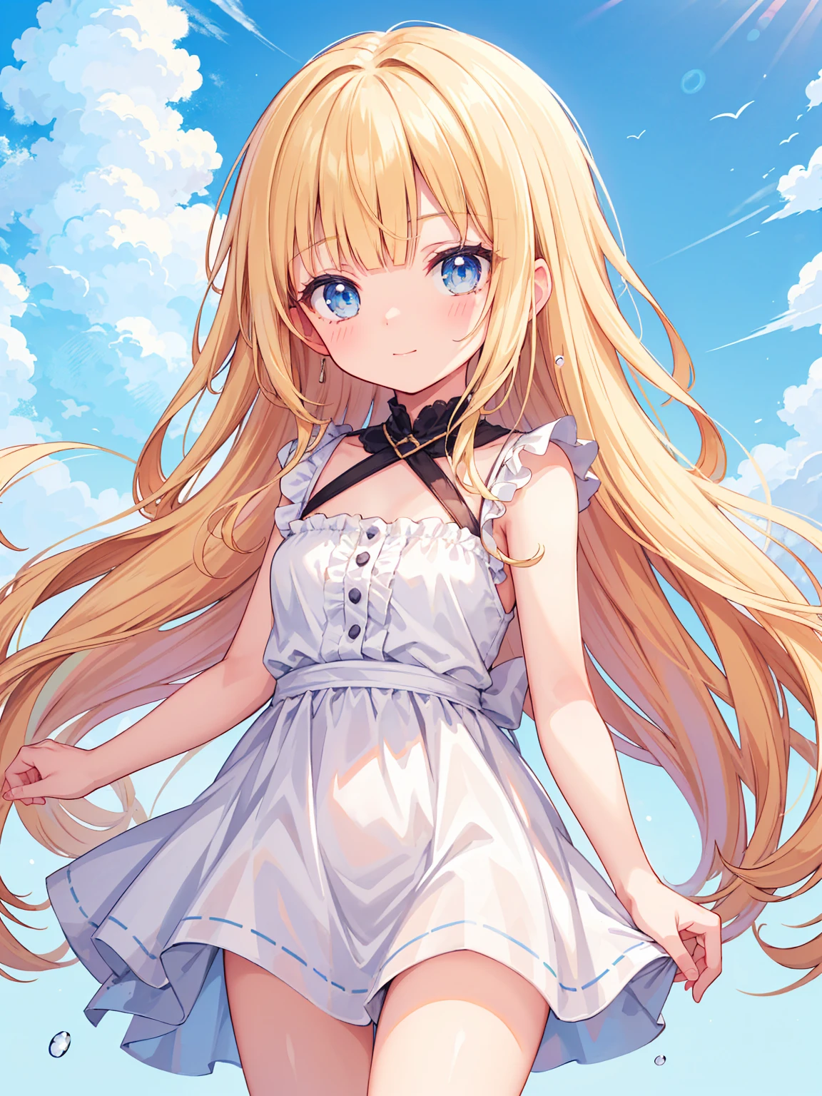 High quality, Ultra detailed, best quality, insanely detailed, masterpiece, beautiful illustrations, highest quality, pretty girl, ((very cute)), ((lovely)), ((sweet body)), 1girl, standing, pastel colour, blonde hair, wavy long hair, (blunt bangs), caucasian, bright lighting, sky-blue eyes, soft smile, looking at viewer