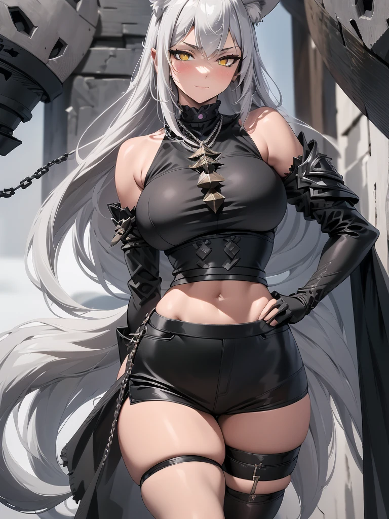 8K, Full body portrait, single young woman, especially detailed face, masterpiece, wallpaper, highlydetailed face, ultra-detailed face, beautiful and aesthetic wolf tailed girl, athletic fit body, big breasts, curvy, long hair, gray-silver hair, a young wolf woman, wolf ears, wolf tail, long wolf tail, wolf-like irises, beautiful, enchanting, bright yellow eyes, detailed eyes, ultra-detailed eyes, accurate eyes, detailed irises, correct body proportions, elegant, small vertical scar under right eye, small rosy lips, big breasts, slender elegant arms, pretty hands, detailed hands, charming, slight blush, smug smile, black edgpshorts with stylish metal chains and a black top, detached sleeves, light black armor, armored bike shorts, two piece outfit, black armored fur cloack, black metal armor, bare off shoulders, toned abs, exposed belly, standing pose, hands on hips pose, cute pose, black silk thighigh on the left leg, sole girl