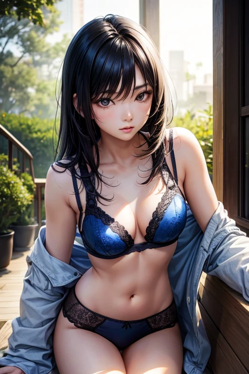 realistic,asian,20 year old woman,slender,black hair,middle hair,blue underwear,older sister