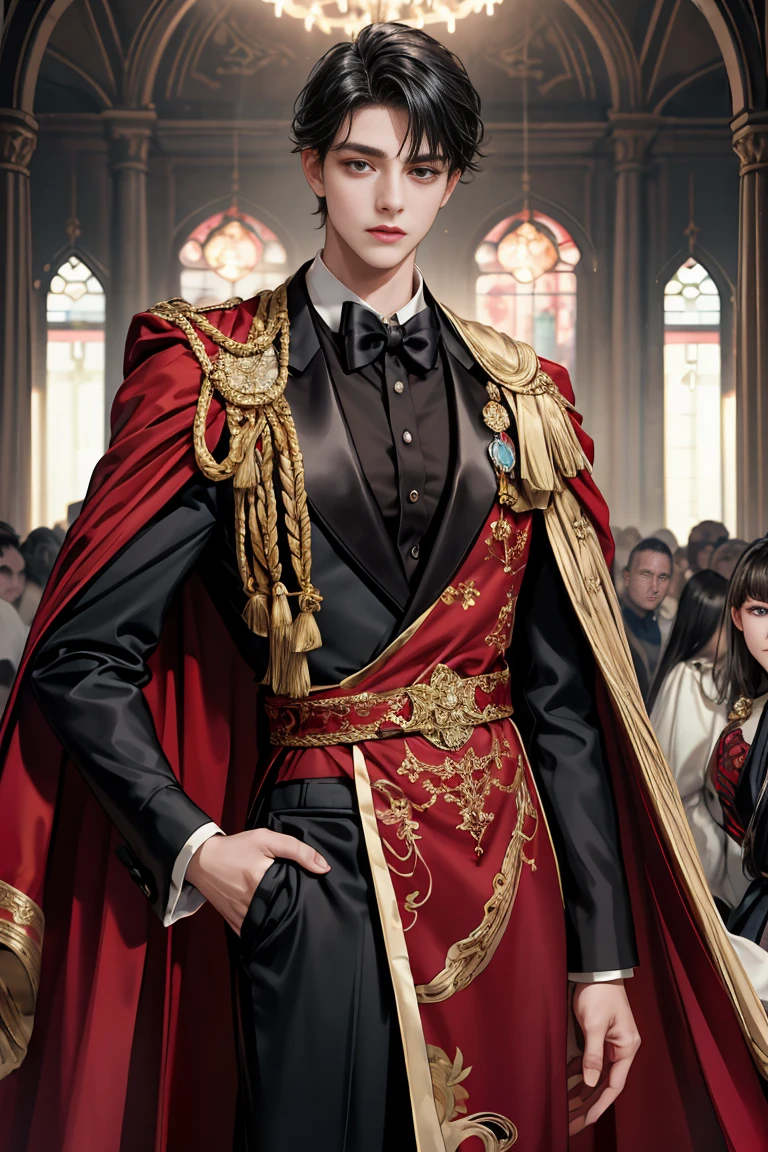 masterpiece, 最high quality, high quality, 1 boy, alone, male focus, looking at the viewer, whole body, Winning spirit_destiny, Messy black hair, blue adorable big eyes, white people, Noble, Noble, Noble的な吸血鬼、An elegant tuxedo,A very large, very tall stand-up collar, a very large, very long, long cape that reaches down to the floor, made of a lot of fabric, red and black., ,cute beautiful boy,cute cute handsome boy