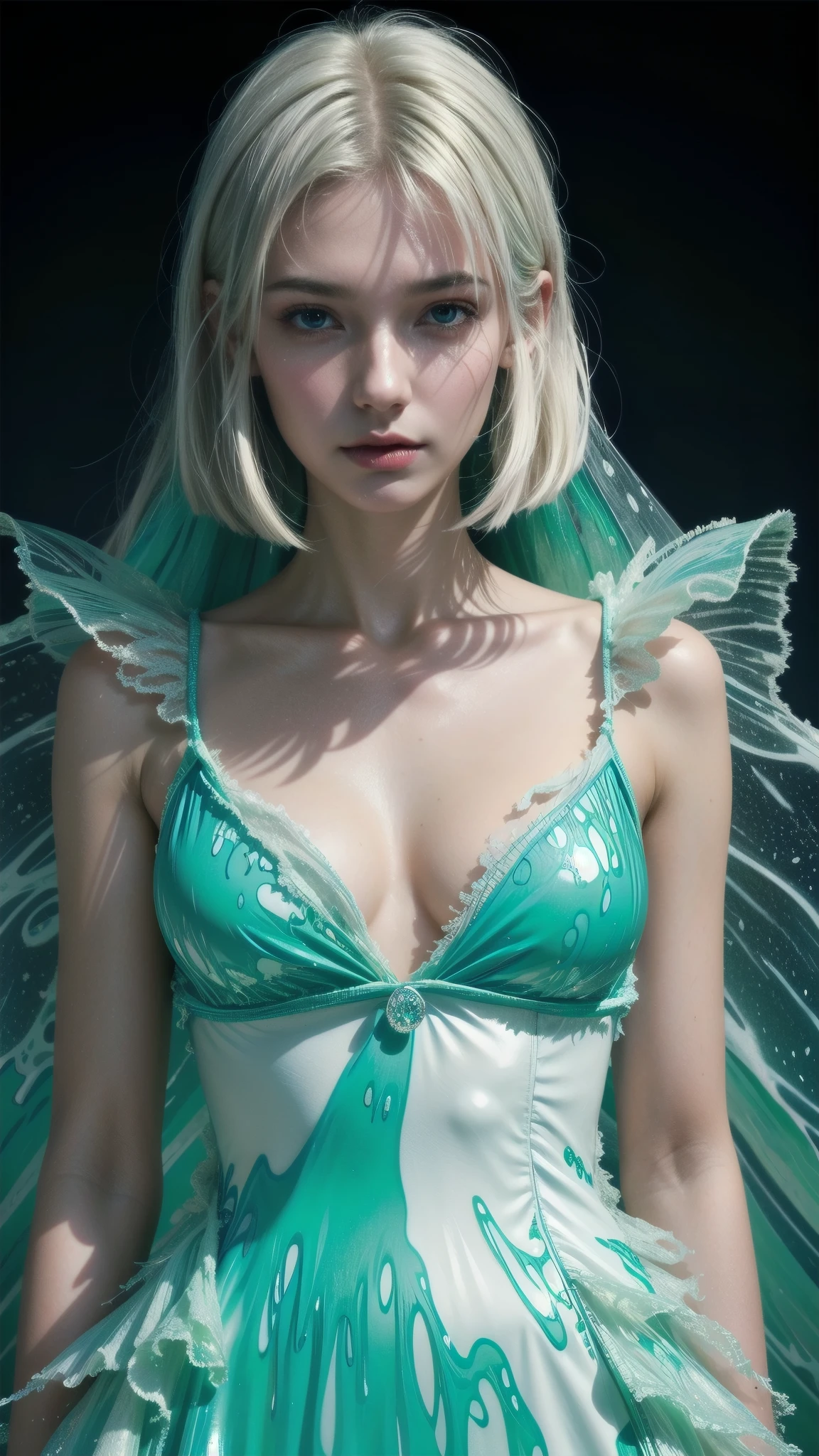 (Masterpiece, Best quality:1.2), 8K, 85mm, RAW photo, absurderes, White and cyan theme, (liquid clothes, Liquid dress:1.4), White hair, gradient dress, Delicate girl, Upper body, close-up face, Shiny skin, Married Woman, view the viewer, hdr, Sharp focus, Particle, twilight sky, Detailed eyes and face, White hair, Simple background，nakeness，Bare lower body，big breasts