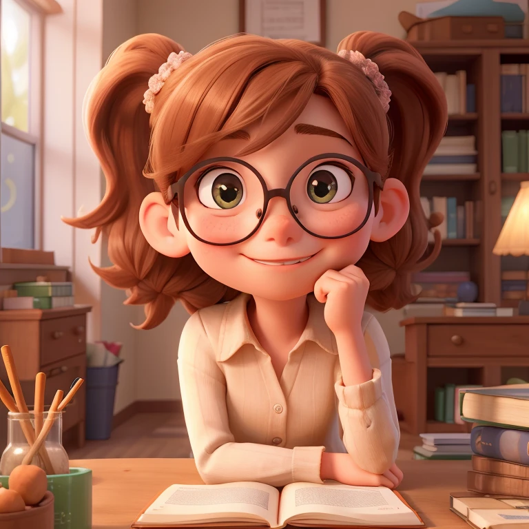 Once upon a time, in the halls of Maple , there was a girl named Sandy. With her chestnut hair tied in two pigtails, she stood out amongst her peers, a symbol of intelligence and curiosity. Her glasses, thick and round, framed her bright, inquisitive eyes, which frequently lingered on the vivid illustrations of scientific texts. The library was her second home, where she would spend hours immersed in the depths of knowledge, her heart brimming with eagerness to understand the mysteries of the universe. On rainy days, like today, she would sit by the window, her reflection shimmering in the glass, while the soft pitter-p