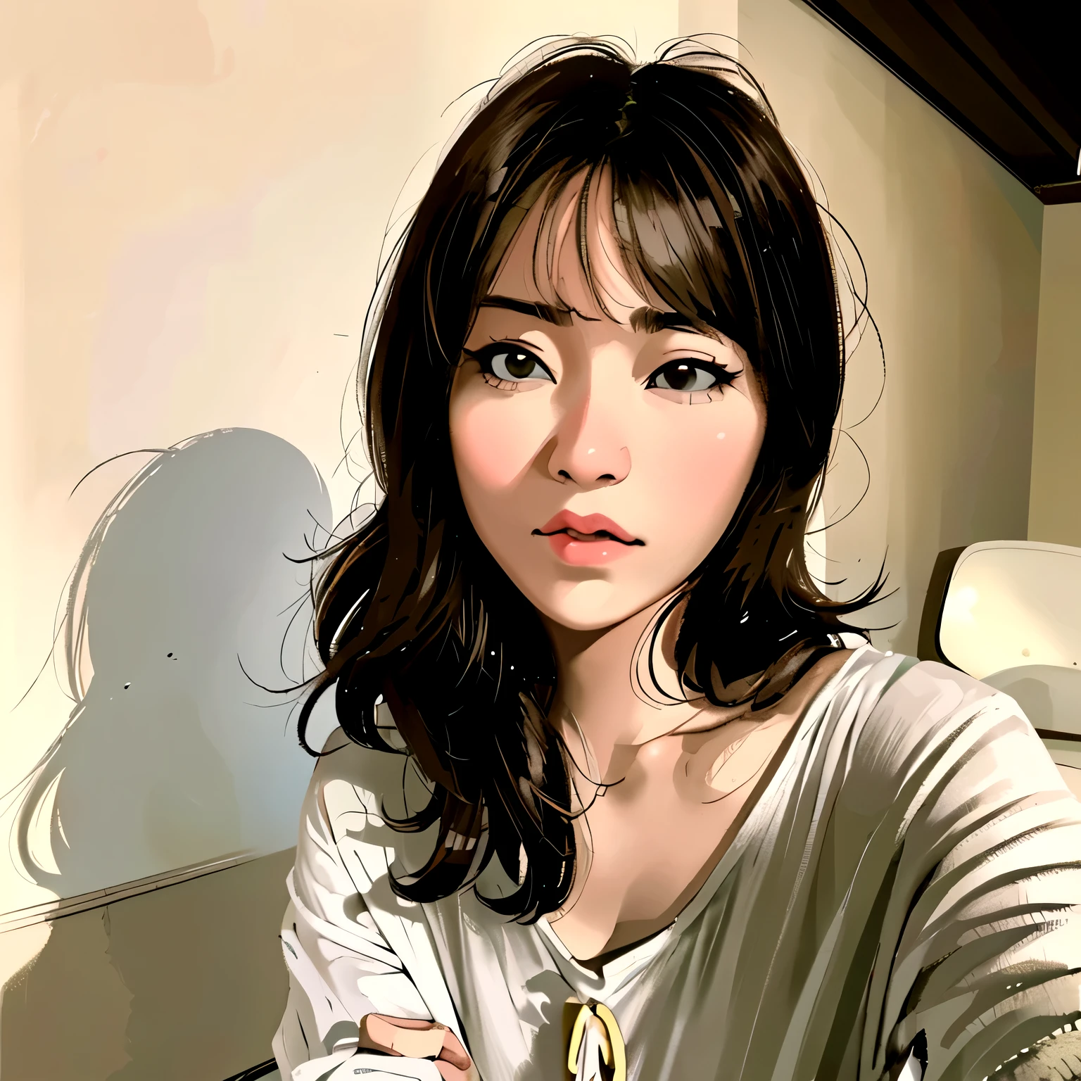 araffe woman with long hair and a white shirt posing for a picture, 8k selfie photograph, young adorable korean face, with short hair, ulzzang, jaeyeon nam, young cute wan asian face, pale round face, neat hair with bangs, with round face, girl cute-fine-face, with cute - fine - face, soft round face