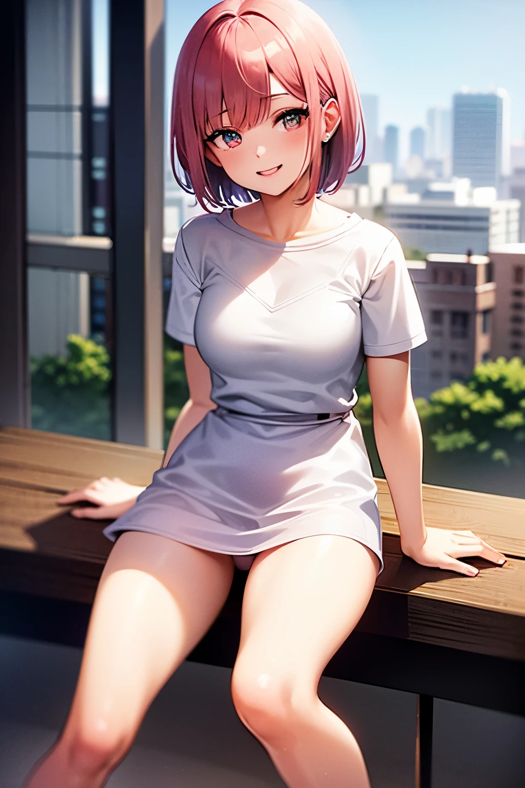 master piece, best quality, ultra detailed, 1girl, 18 years old, pink short hair, white tee, beautiful eyes, smile, cafe, sitting, city, short dress, legs spread, underwear visible