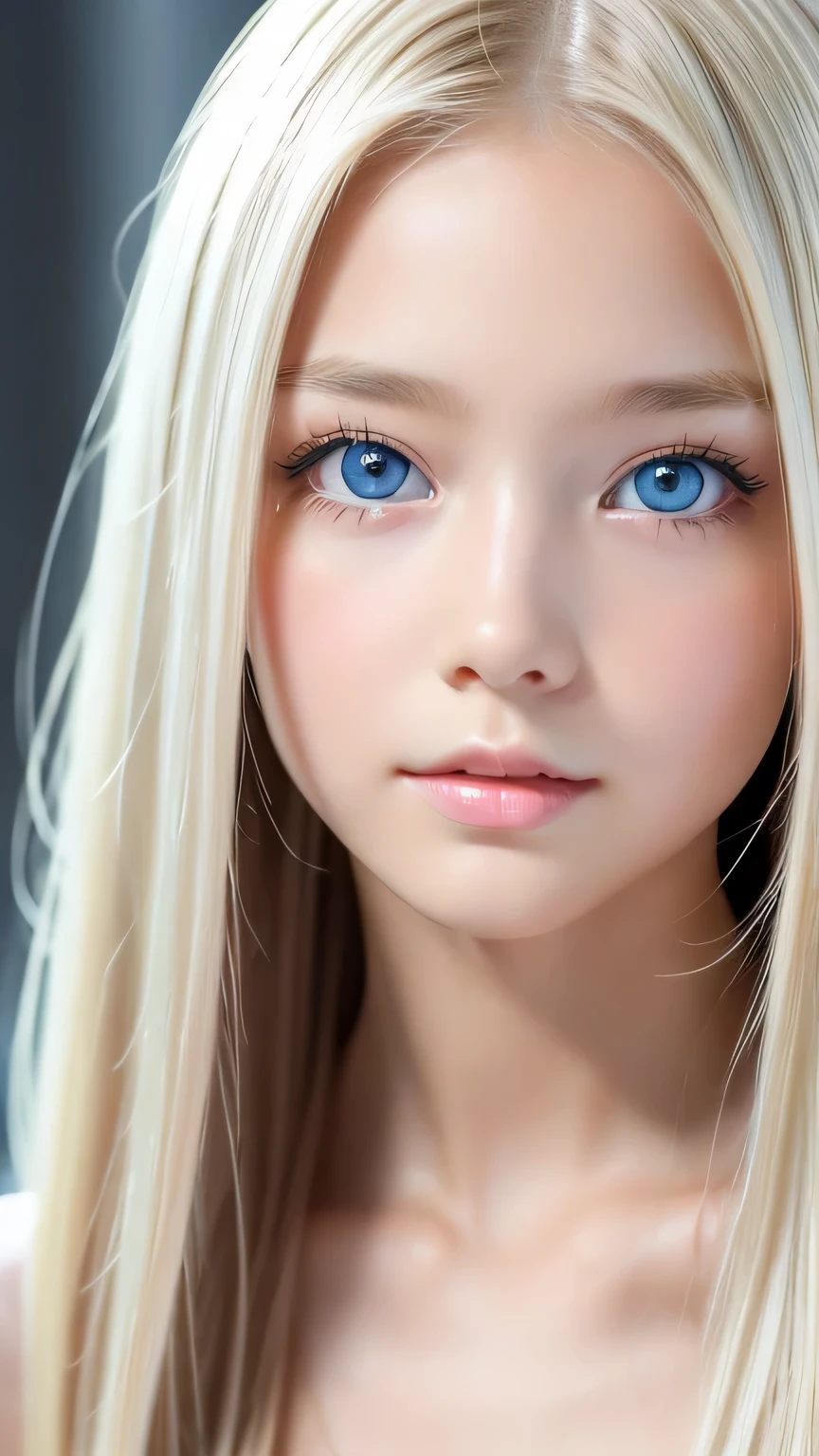 Shiny, beautiful white skin、Blonde color changes depending on the light、Long straight bangs above the eyes、cheek gloss highlights、sexy and very beautiful, Ladylike, cute, gorgeous face、the most beautiful face in the world、The most beautiful super long platinum blonde hair in the world、smooth, straight hair、Very bright, large light blue eyes that shine beautifully, very big eyes、lighting equipment、beautiful pony、Beautiful 15 year old Swedish girl、baby face